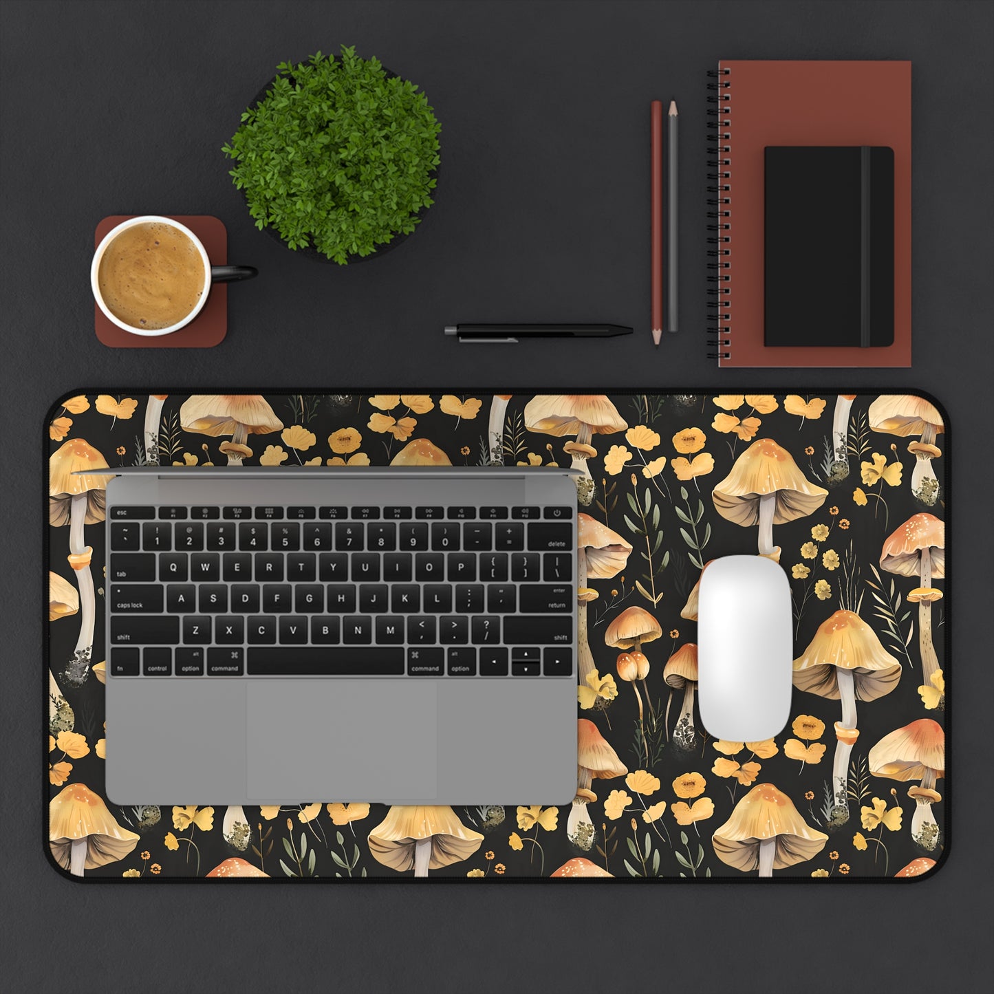 Yellow Mushroom Dark Desk Mat