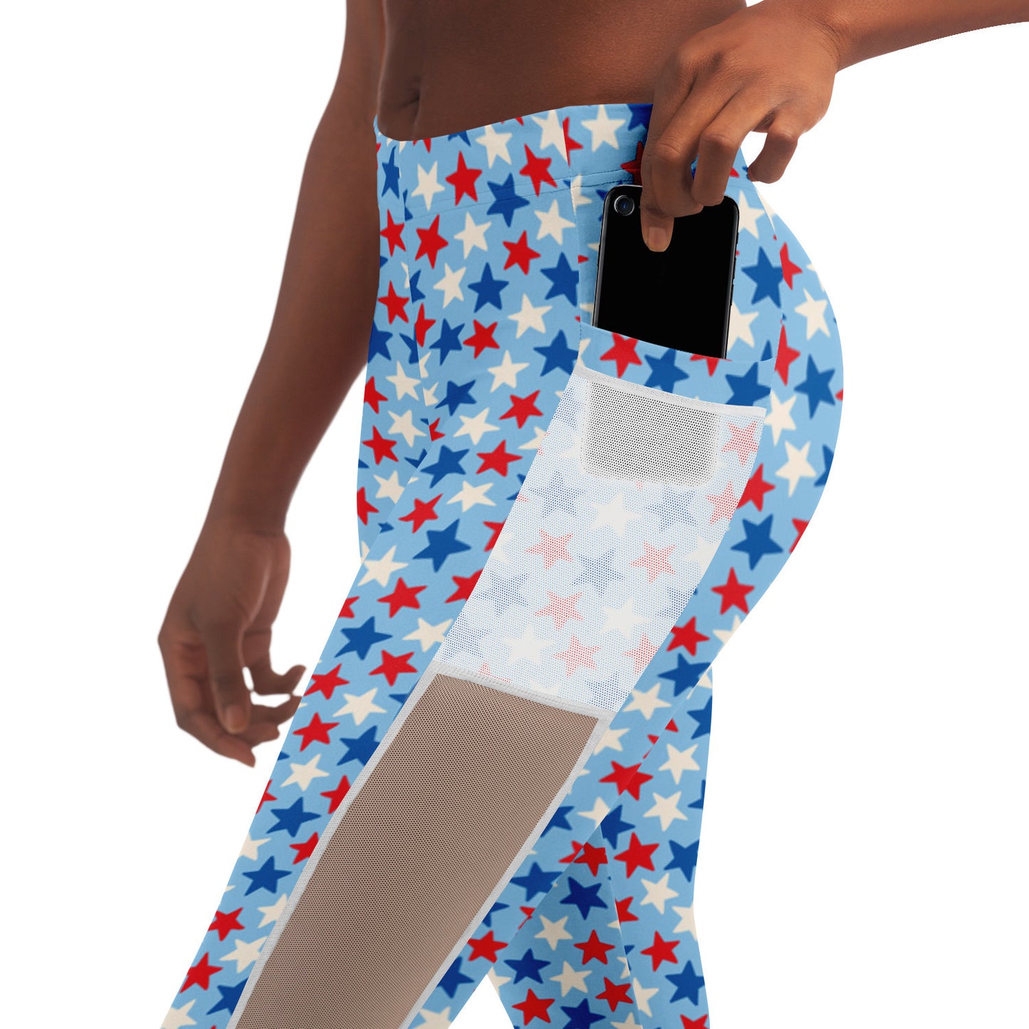 Red And Blue Stars Mesh Pocket Leggings