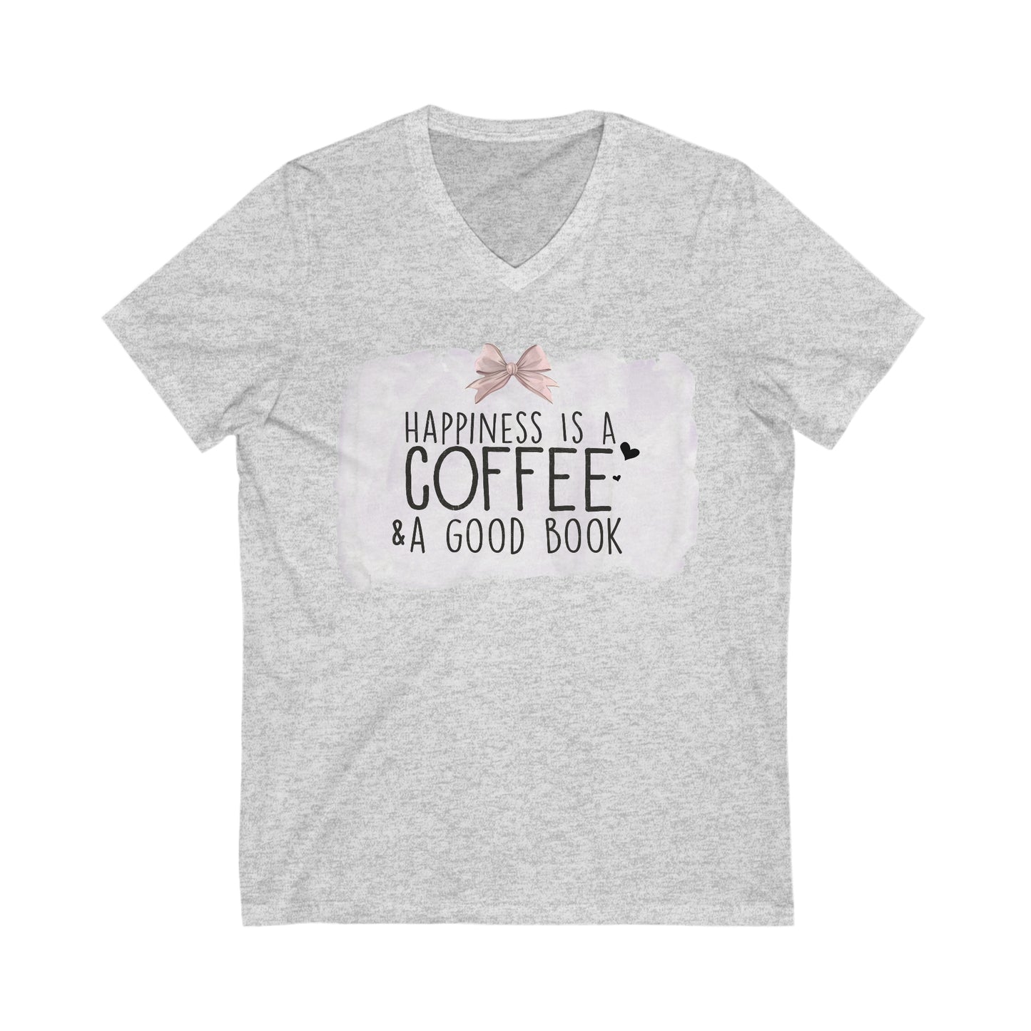 Happiness is a Coffee & a Good Book Bow Graphic Unisex Jersey Short Sleeve V-Neck Tee