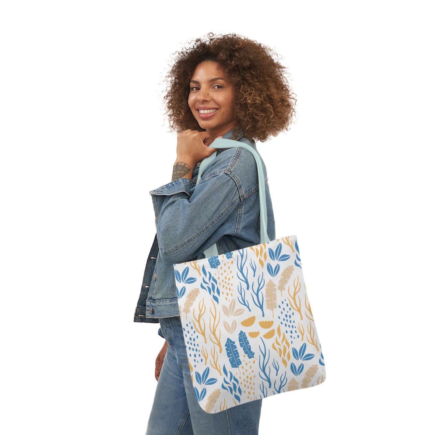 Yellow and Blue Floral Canvas Tote Bag, 2-Color Straps