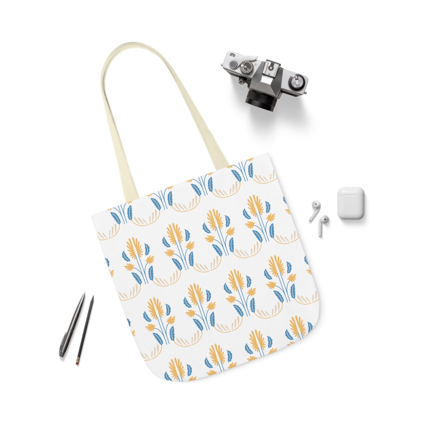 Yellow and Blue Floral Repeat Canvas Tote Bag, 3-Color Straps