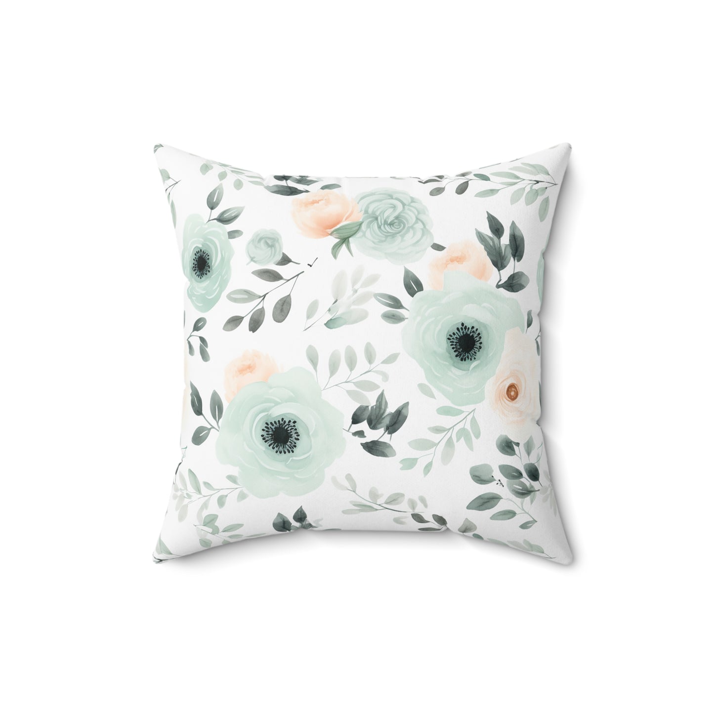 Mint Floral Faux Suede Square Pillow