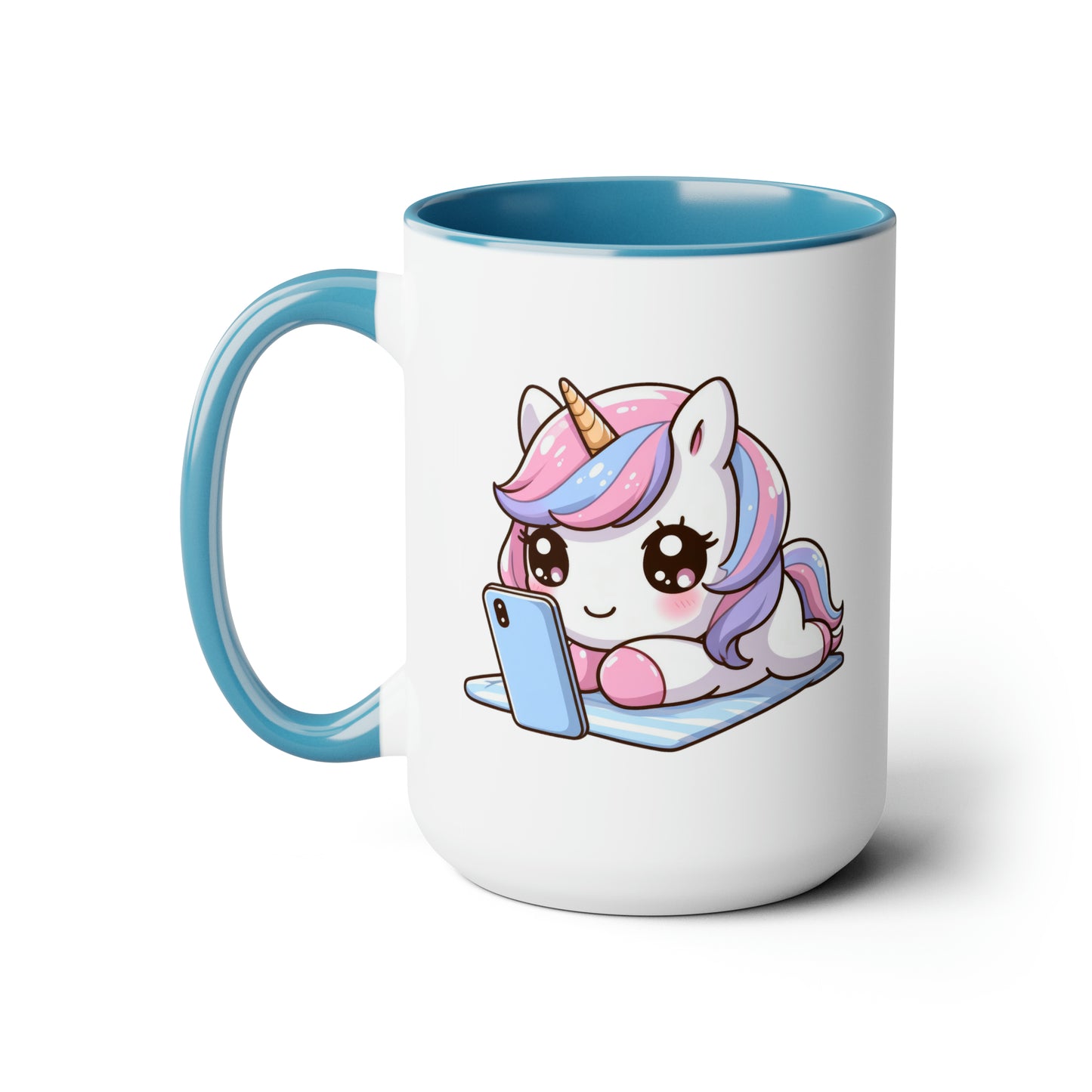 Cute Unicorn with Phone Two-Tone Coffee Mugs, 15oz