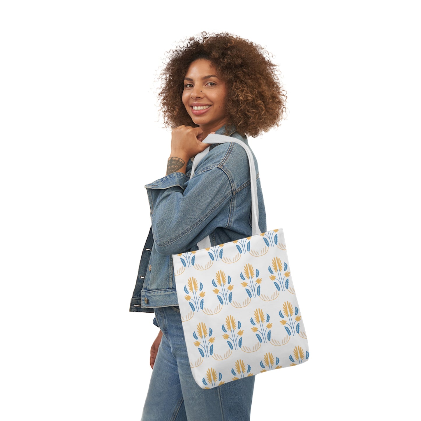 Yellow and Blue Floral Repeat Canvas Tote Bag, 3-Color Straps