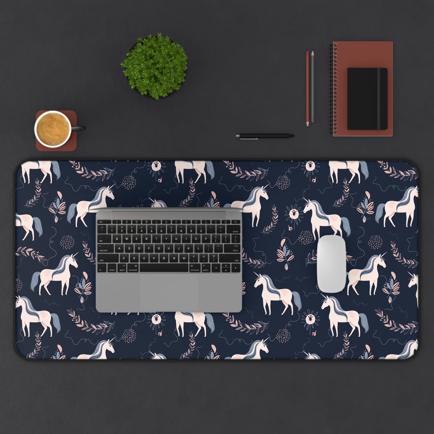 Pink and Navy Unicorn Floral Desk Mat