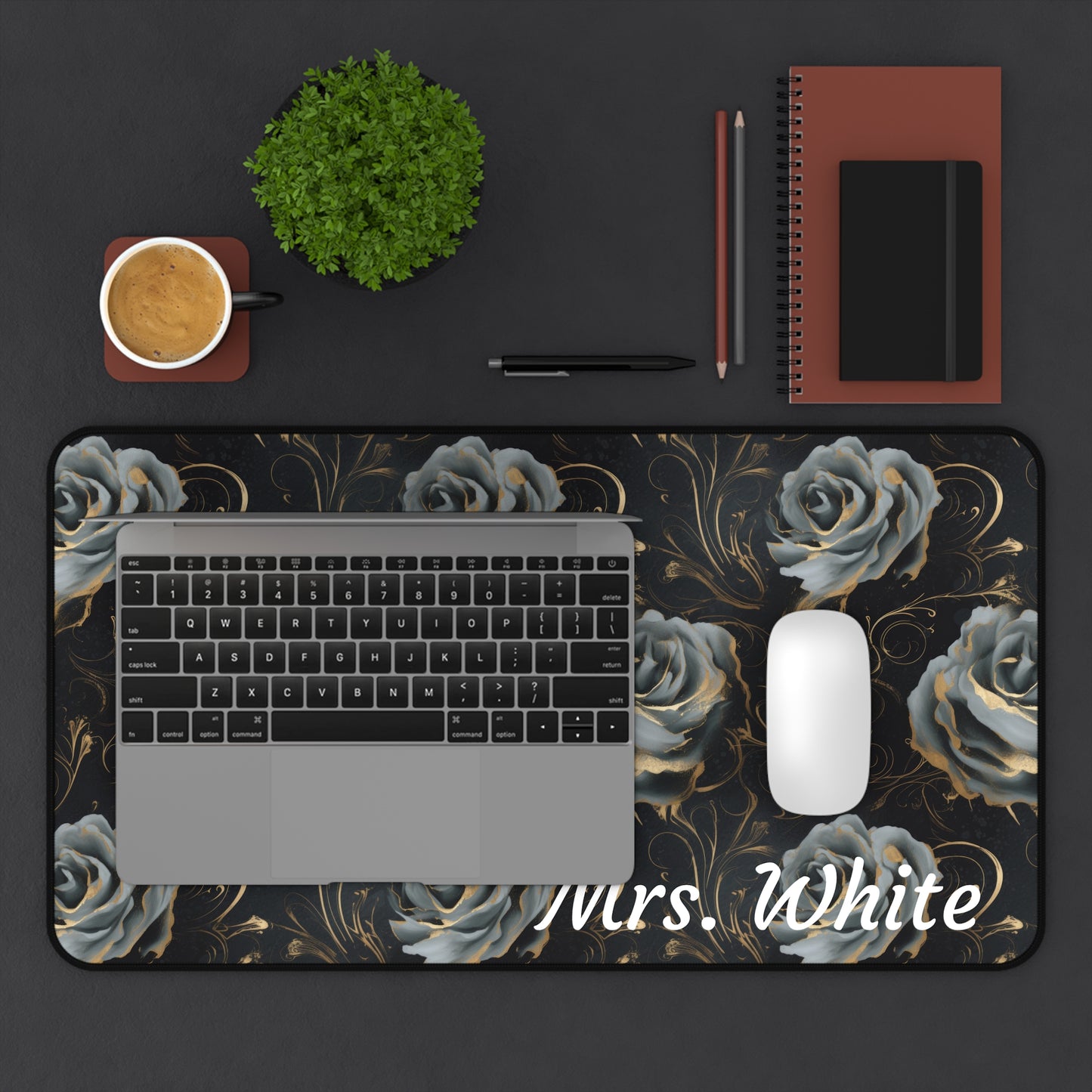 Personalized Black Blue Rose Desk Mat