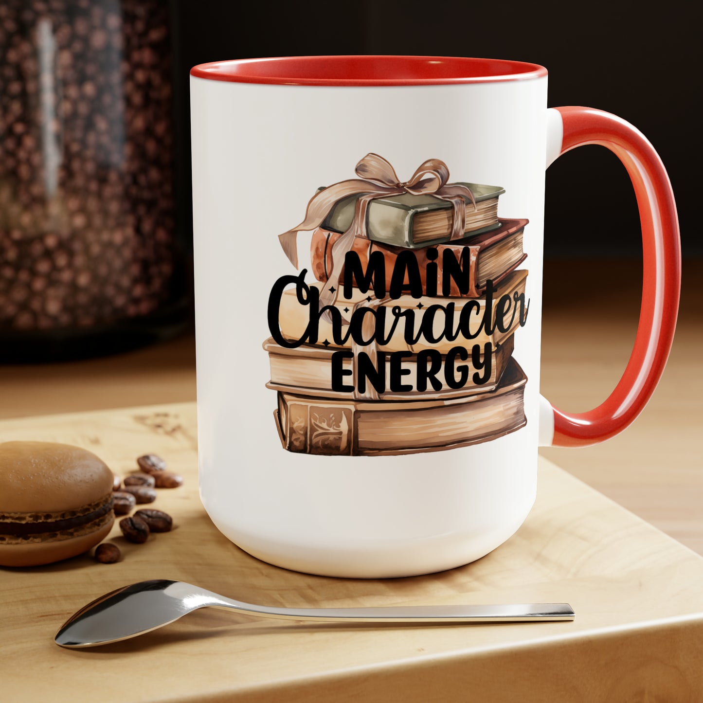 Main Character Energy Book Stack Two-Tone Coffee Mugs, 15oz