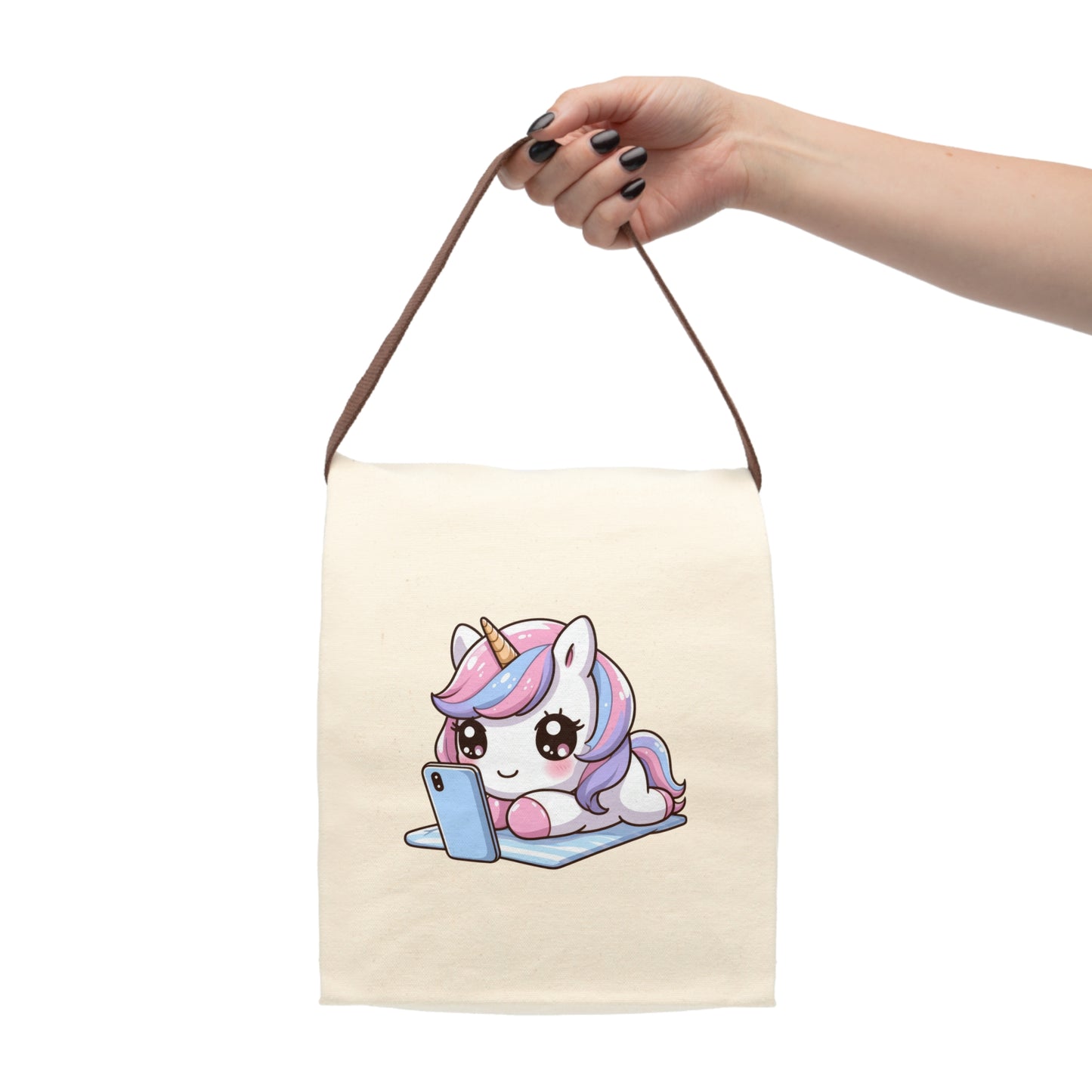 Pink Unicorn With Phone Canvas Lunch Bag With Strap