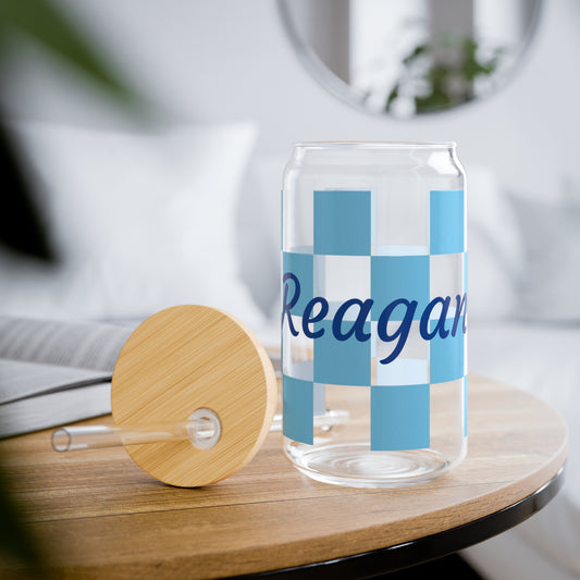 Personalized Light Blue Checkerboard Sipper Glass, 16oz