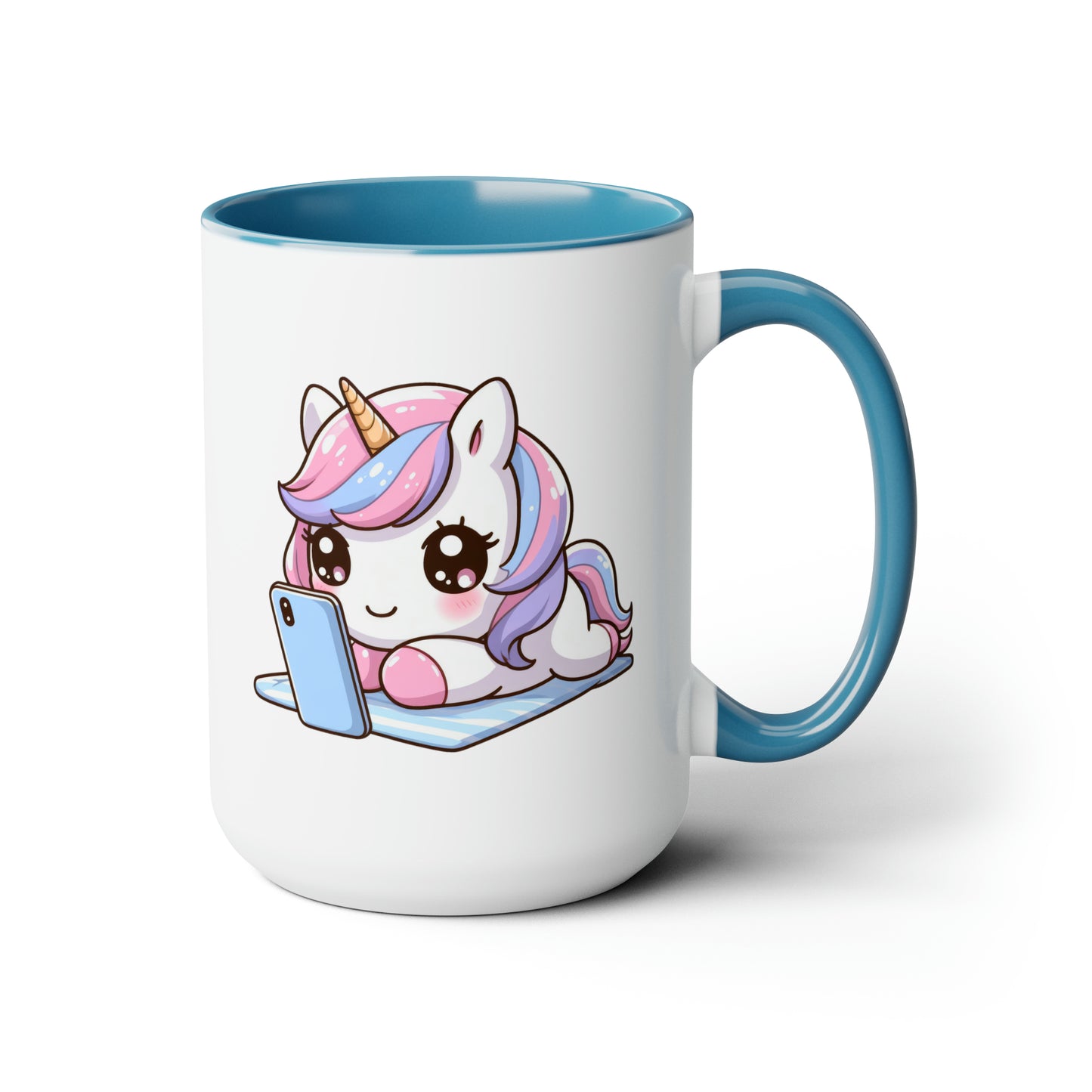 Cute Unicorn with Phone Two-Tone Coffee Mugs, 15oz