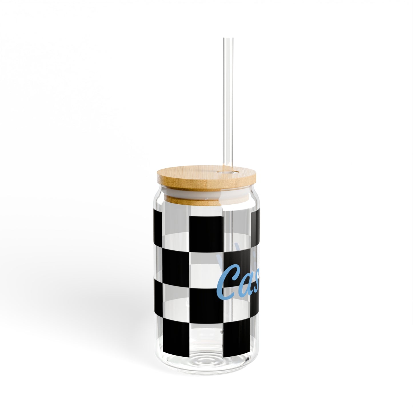 Personalized Black Checkerboard Sipper Glass, 16oz