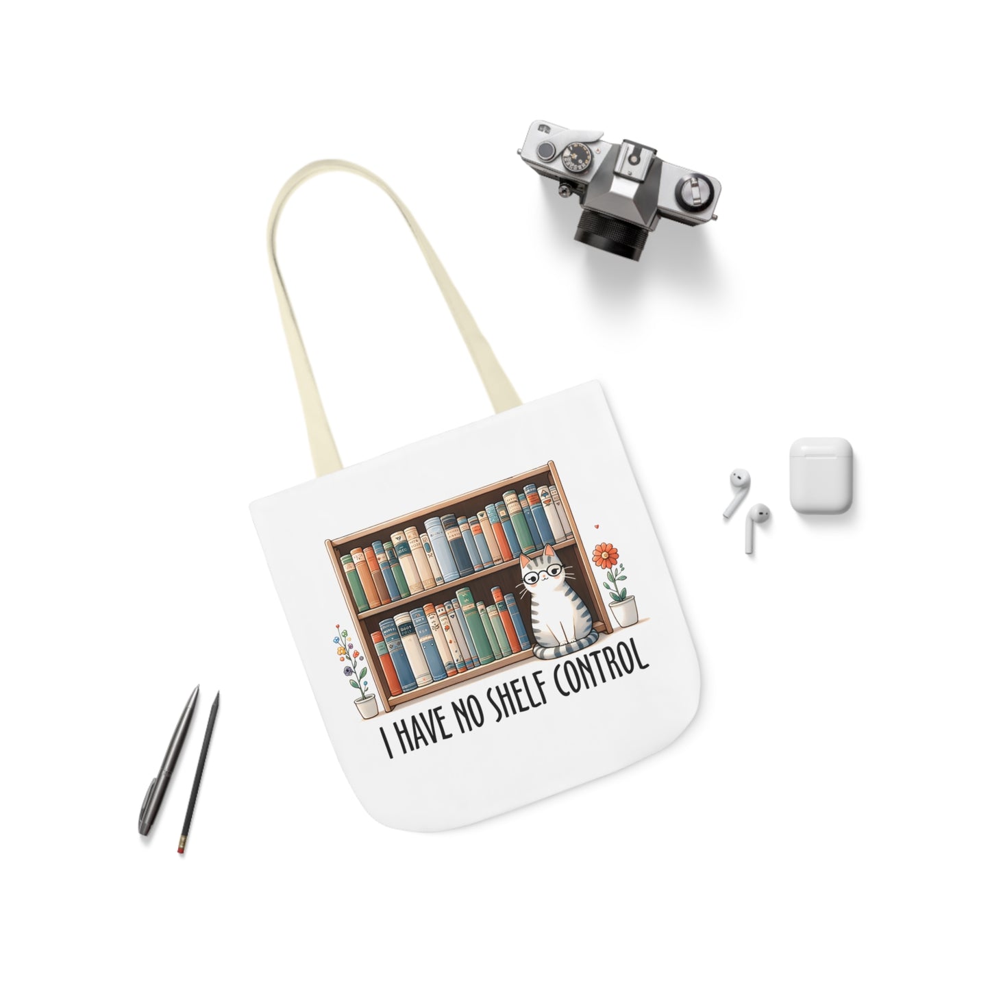 I Have No Shelf Control Cat Canvas Tote Bag, 3-Color Straps