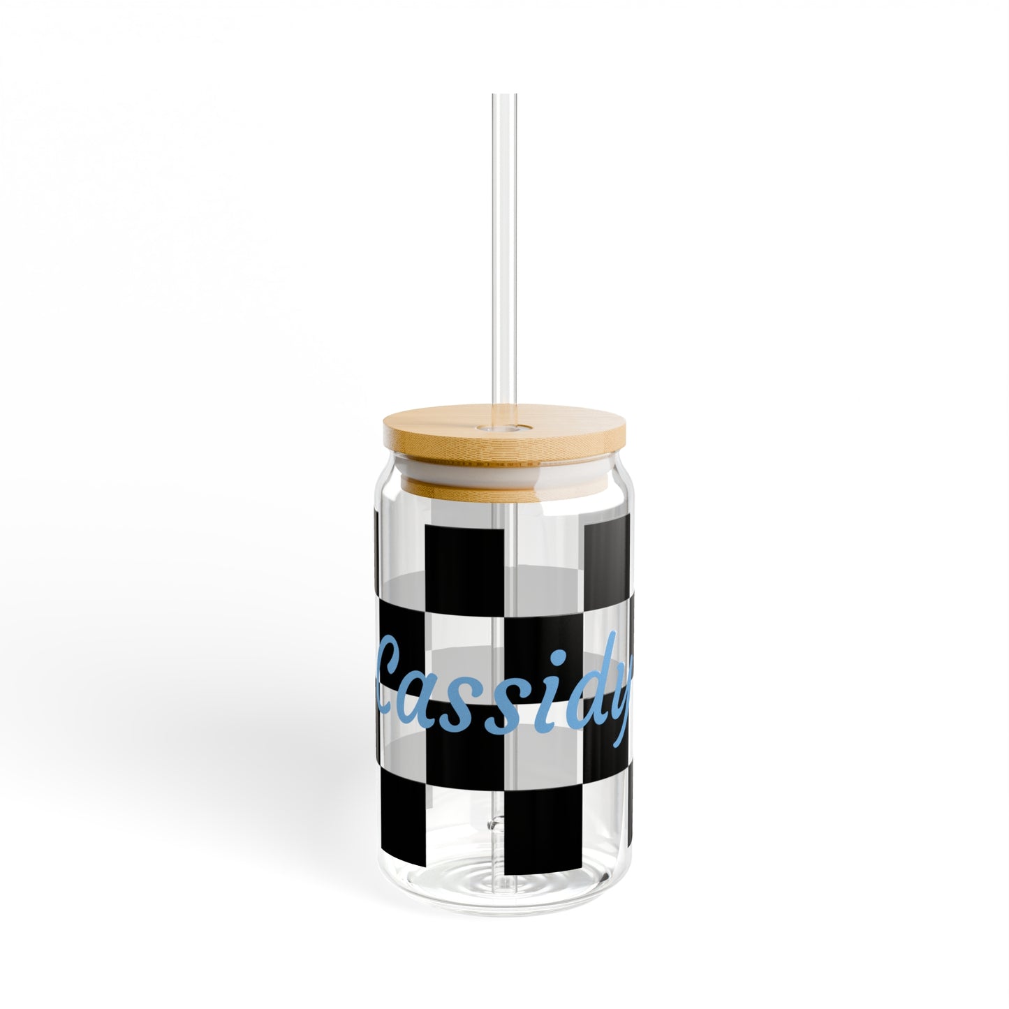 Personalized Black Checkerboard Sipper Glass, 16oz