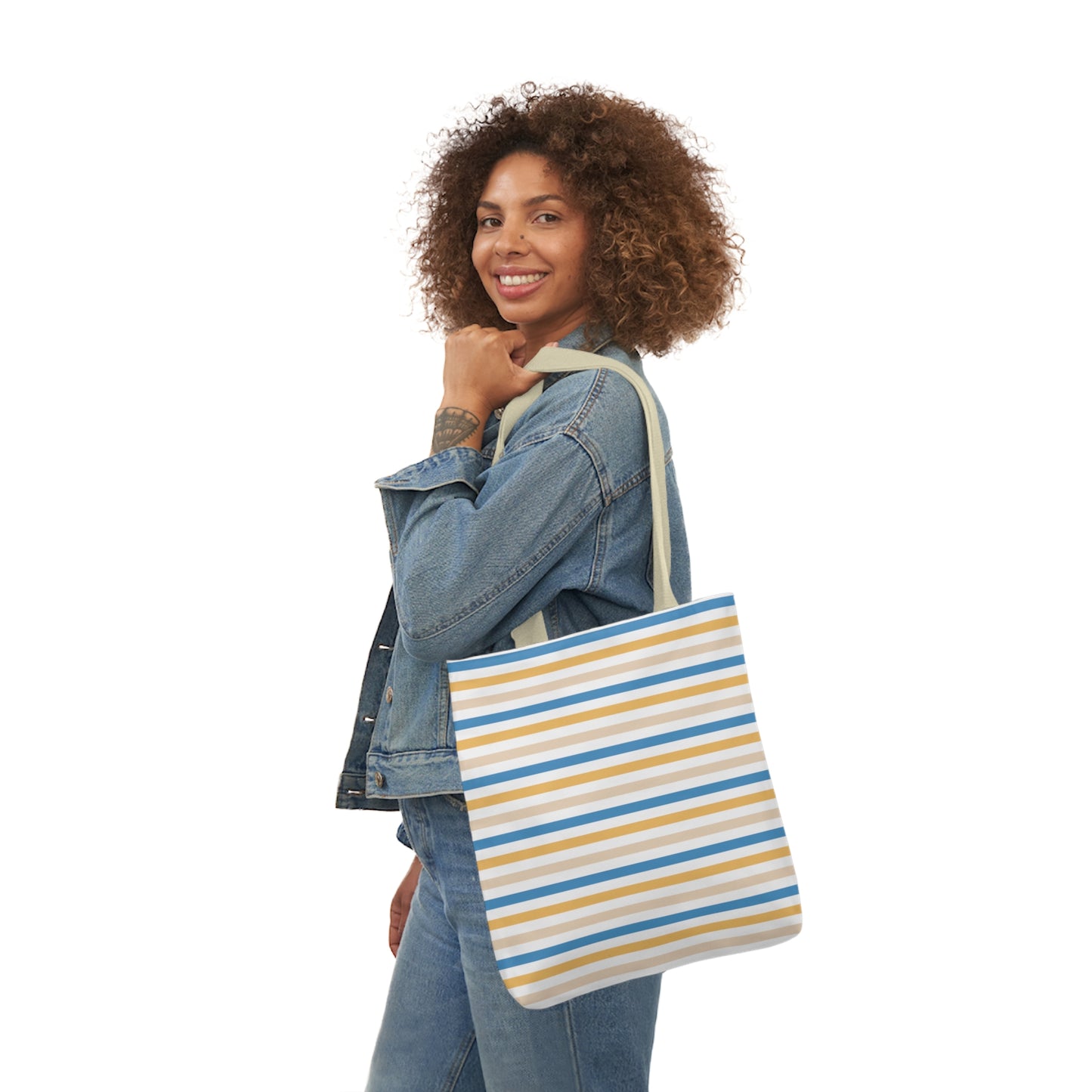 Yellow and Blue Stripe Canvas Tote Bag, 3-Color Straps