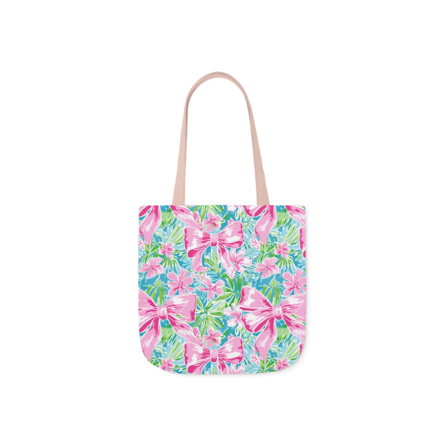 Preppy Pink Bows Bright Floral Canvas Tote Bag, 5-Color Straps