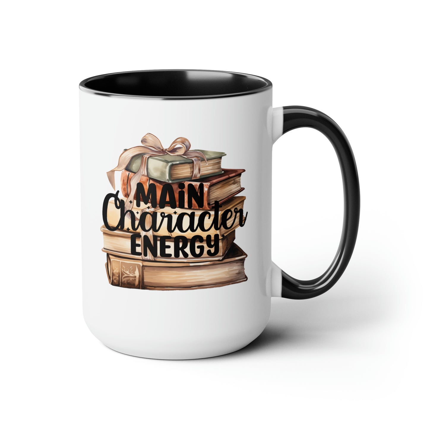 Main Character Energy Book Stack Two-Tone Coffee Mugs, 15oz