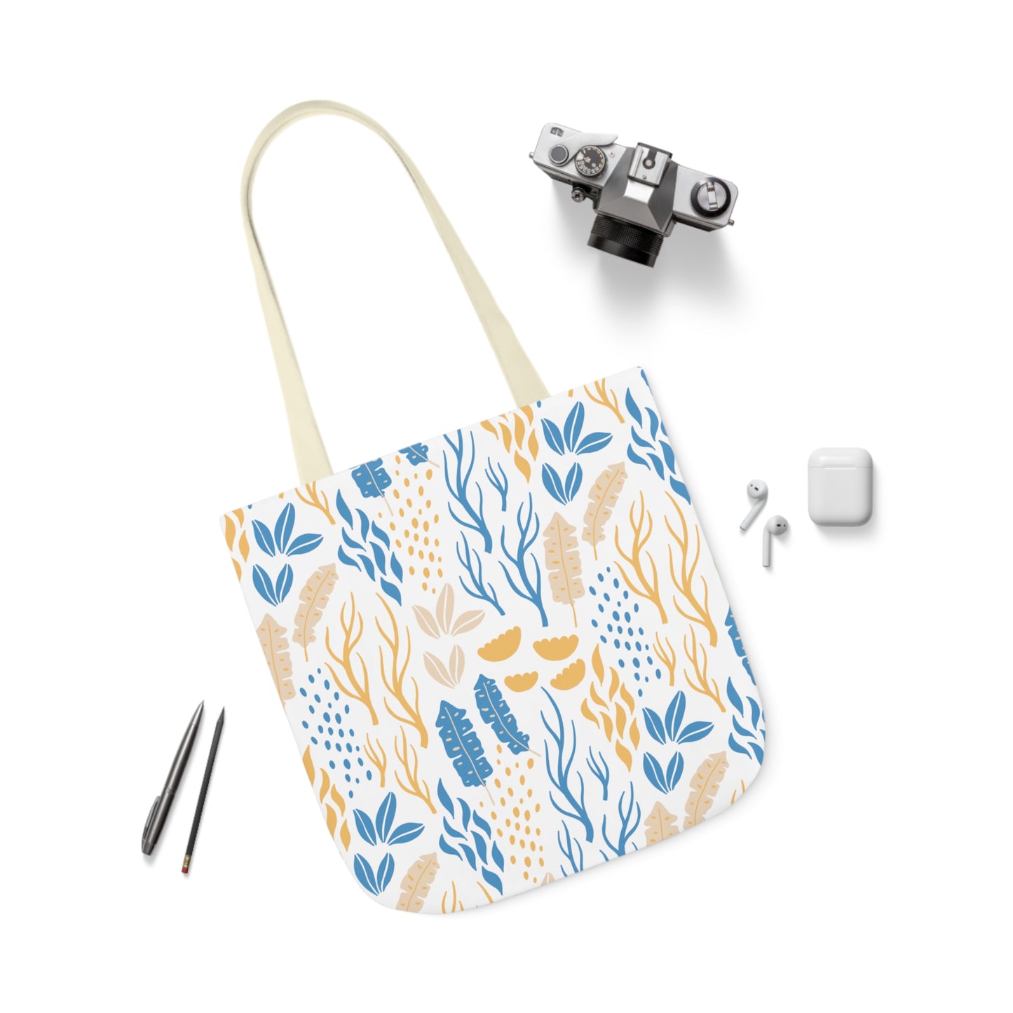 Yellow and Blue Coral Canvas Tote Bag, 3-Color Straps