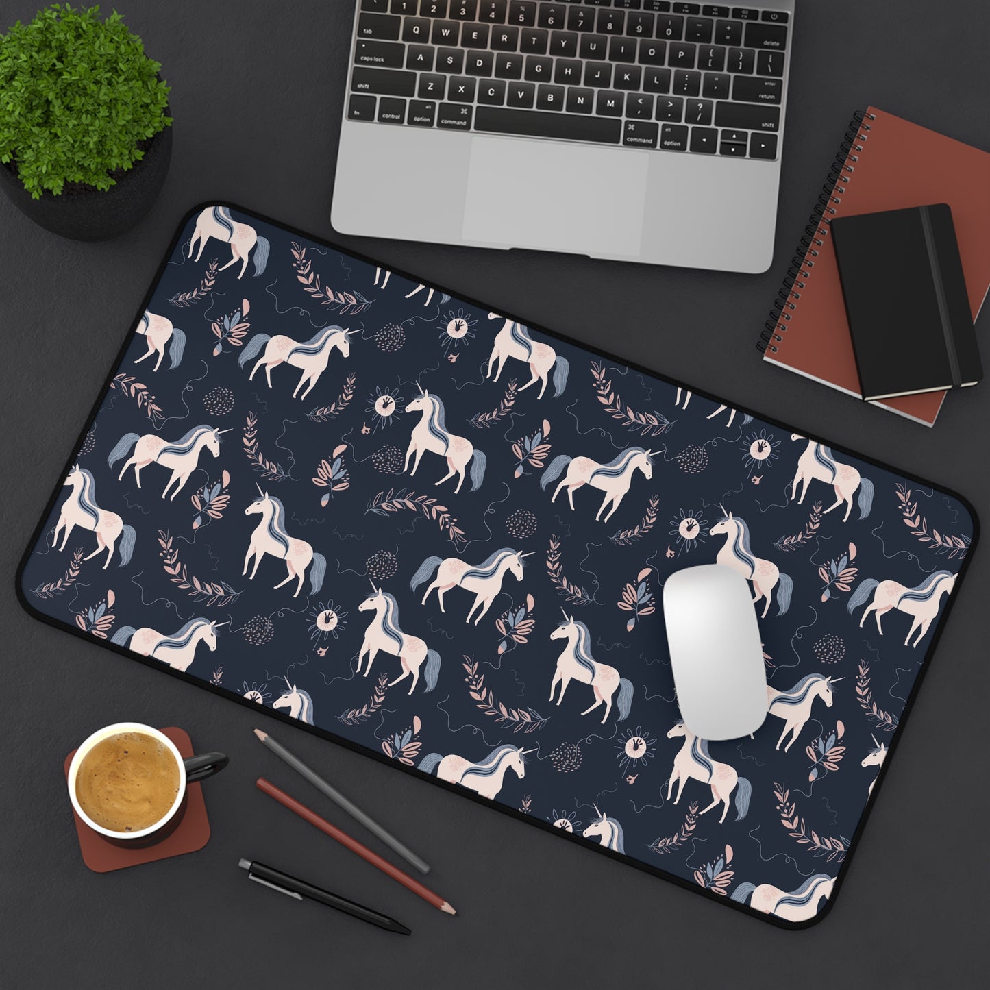 Pink and Navy Unicorn Floral Desk Mat