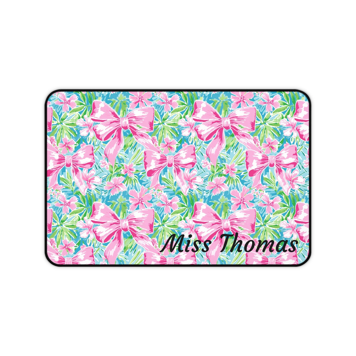 Personalized Preppy Pink Bows Bright Floral Desk Mat