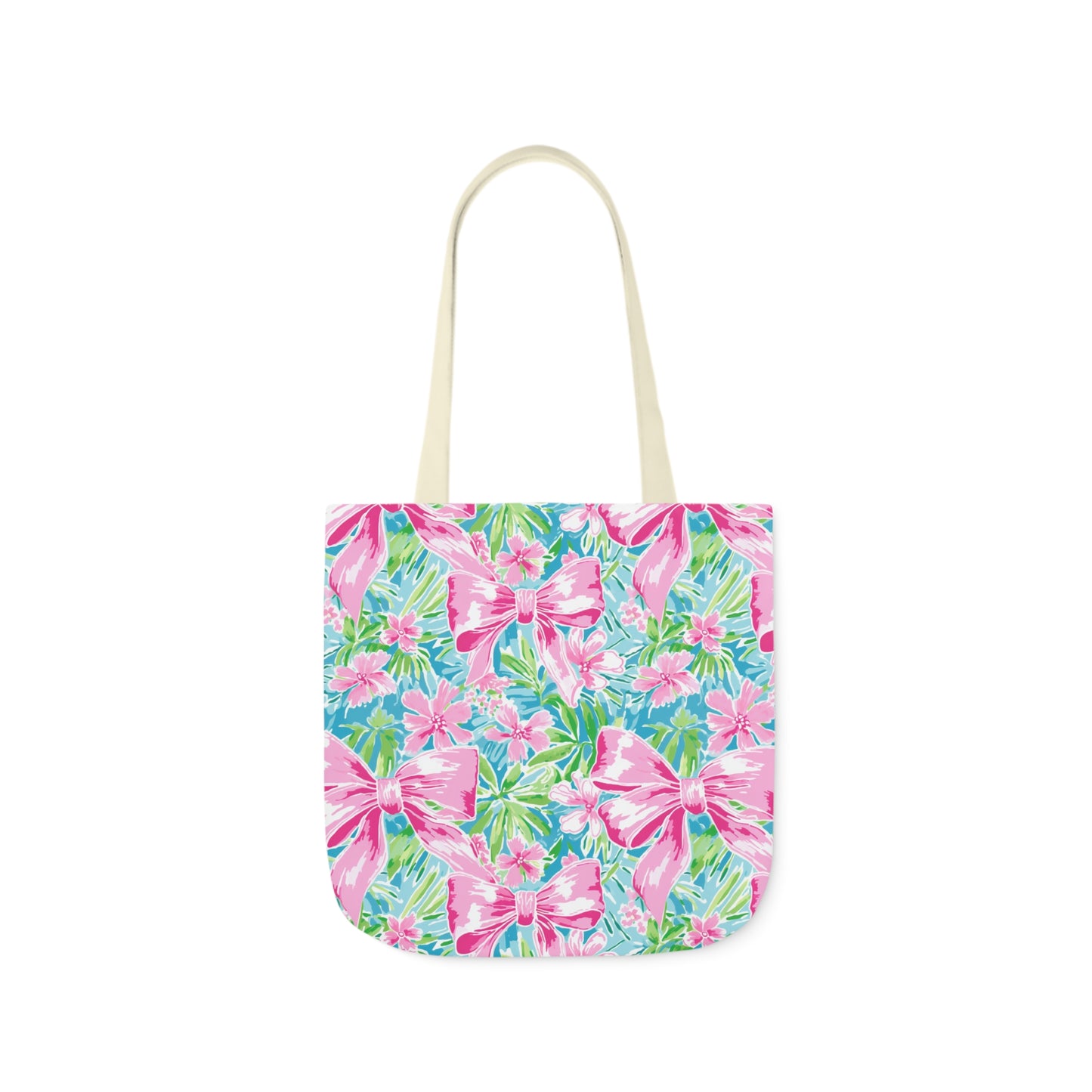 Preppy Pink Bows Bright Floral Canvas Tote Bag, 5-Color Straps