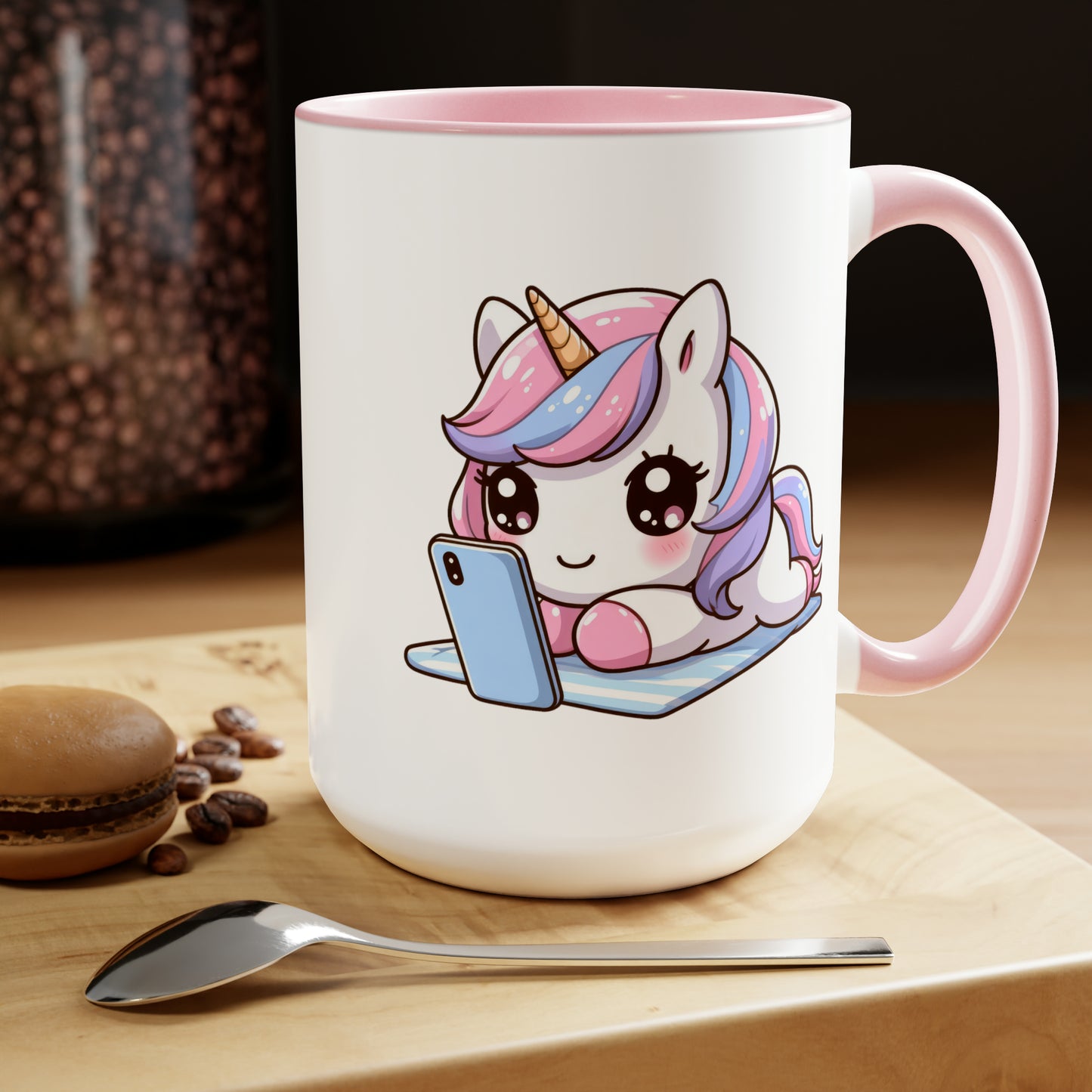 Cute Unicorn with Phone Two-Tone Coffee Mugs, 15oz