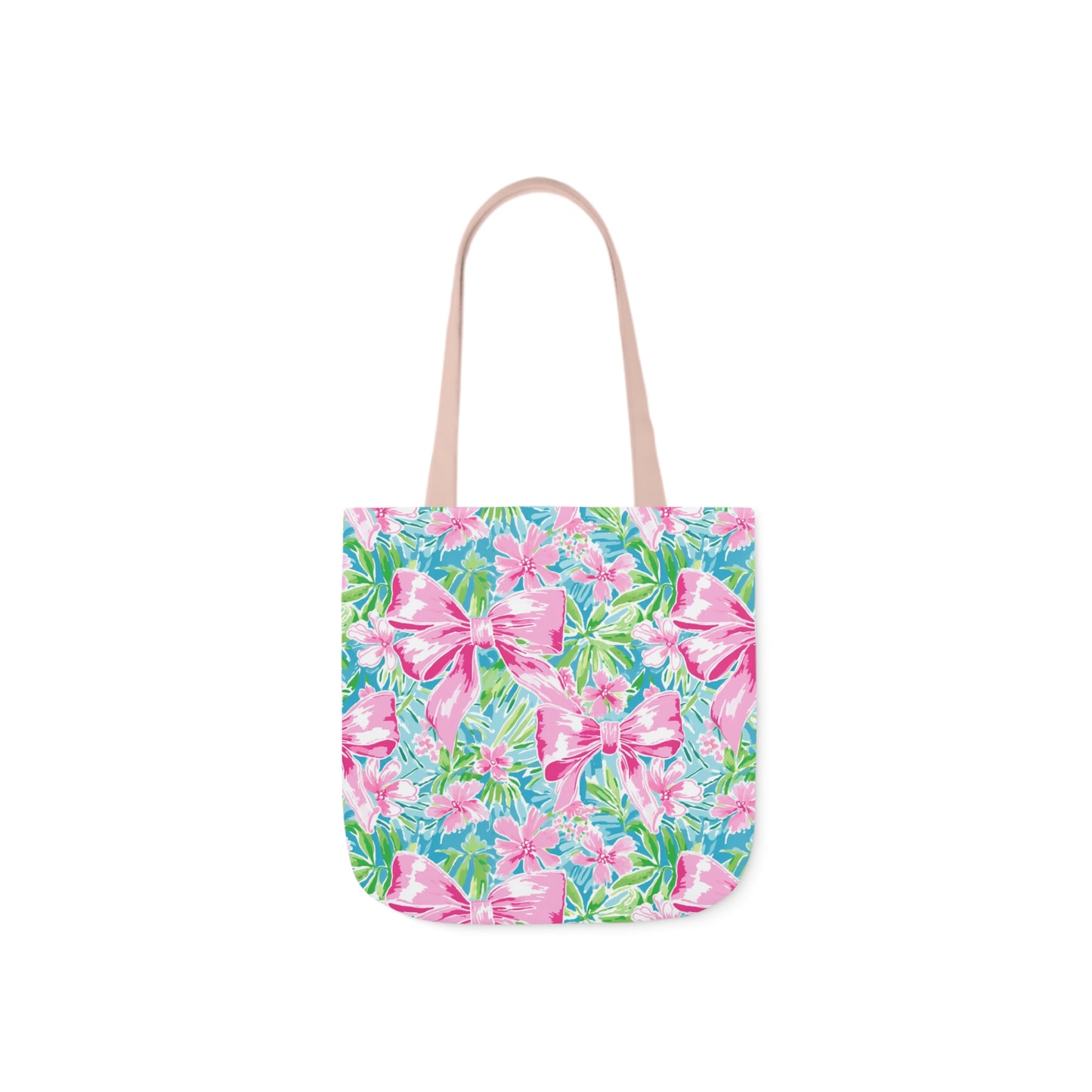 Preppy Pink Bows Bright Floral Canvas Tote Bag, 5-Color Straps