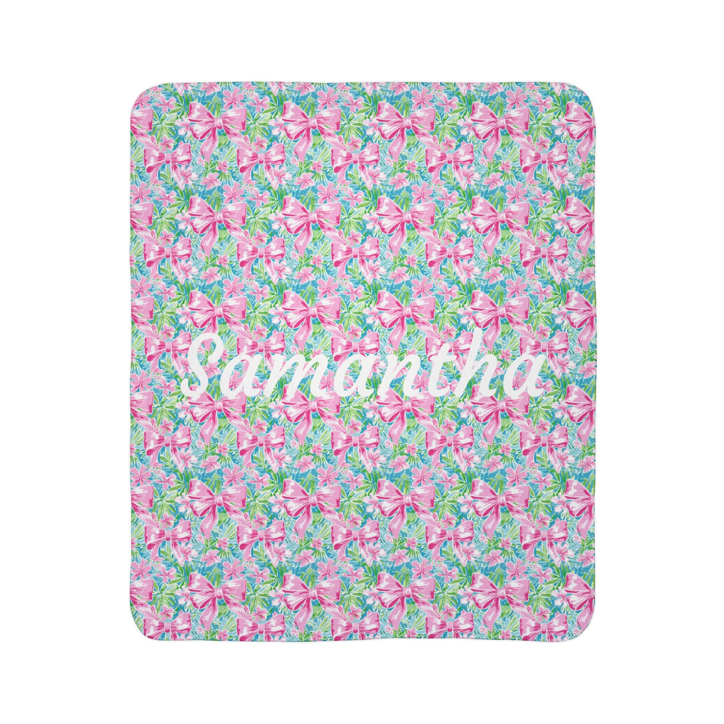 Personalized Preppy Pink Bow Bright Floral Fleece Sherpa Blanket