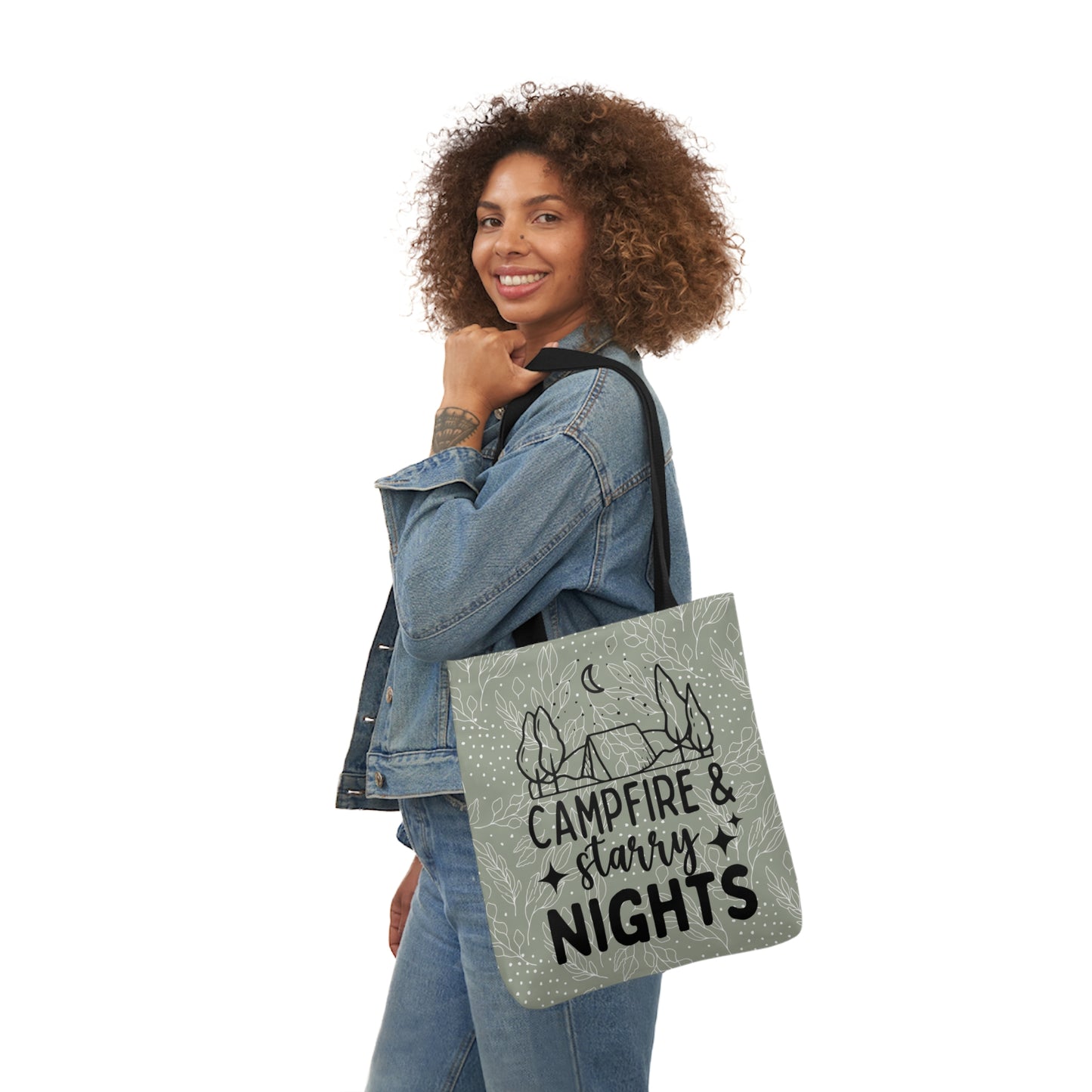 Green Floral Campfire & Starry Nights Canvas Tote Bag, 3-Color Straps