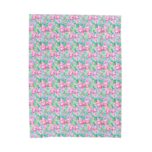 Preppy Pink Bows Bright Floral Velveteen Plush Blanket