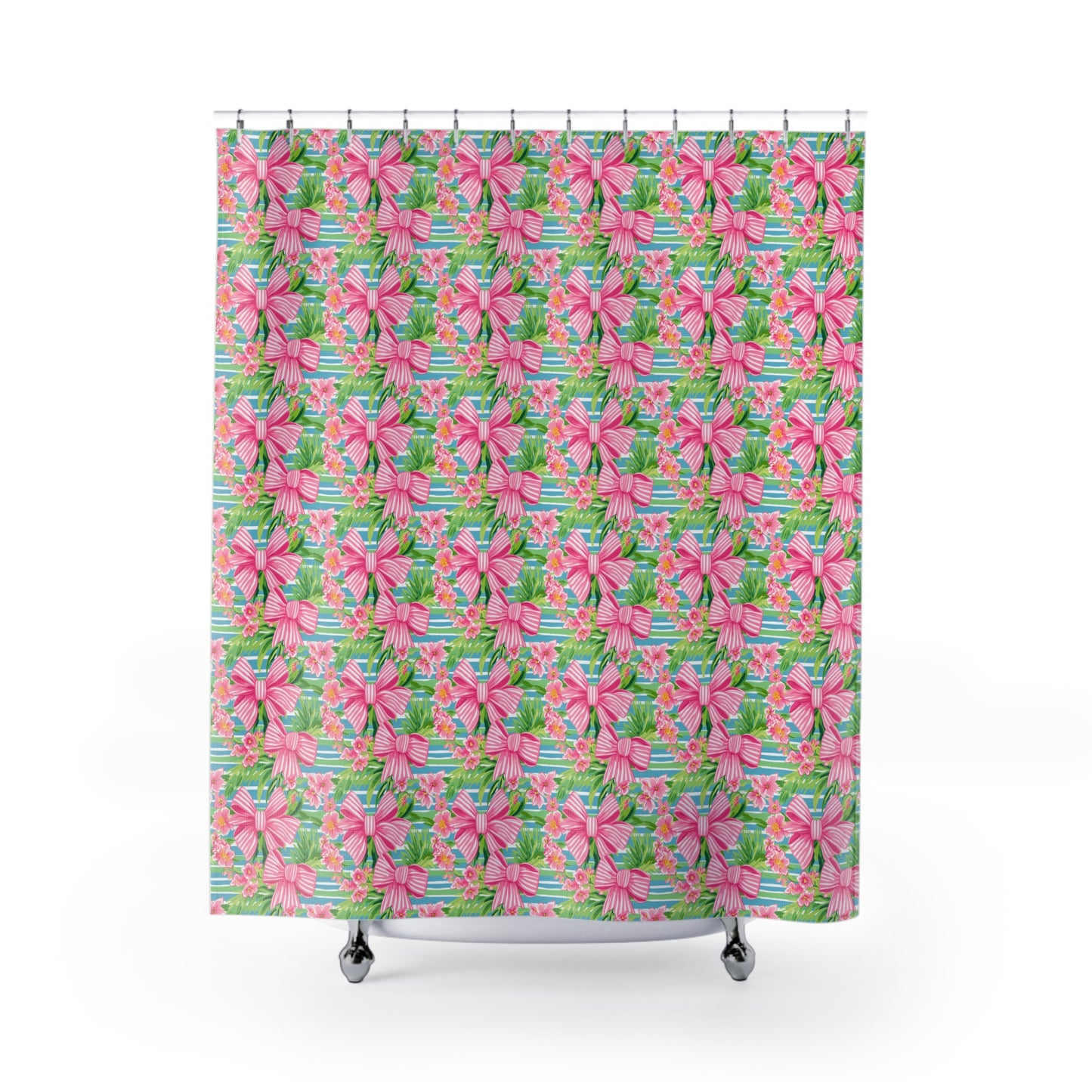 Preppy Pink Bows Striped Shower Curtains