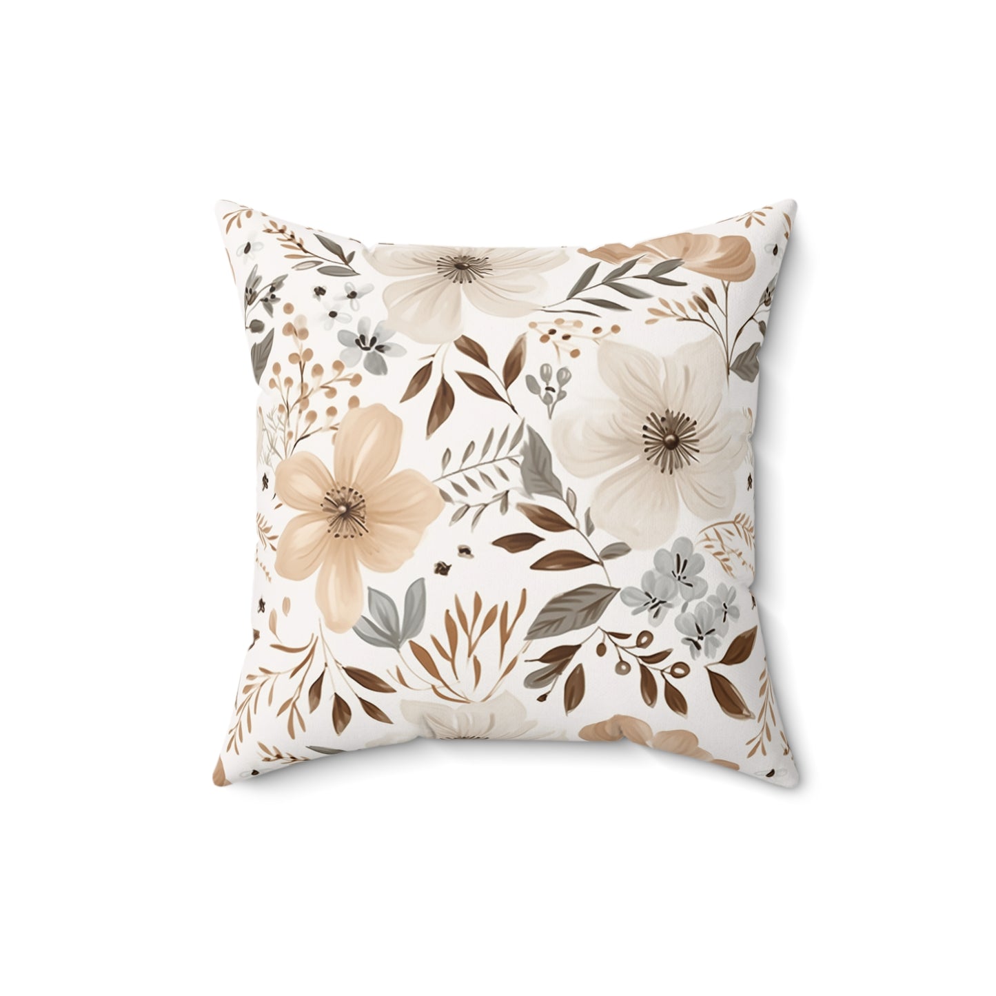 Beige Boho Floral Faux Suede Square Pillow