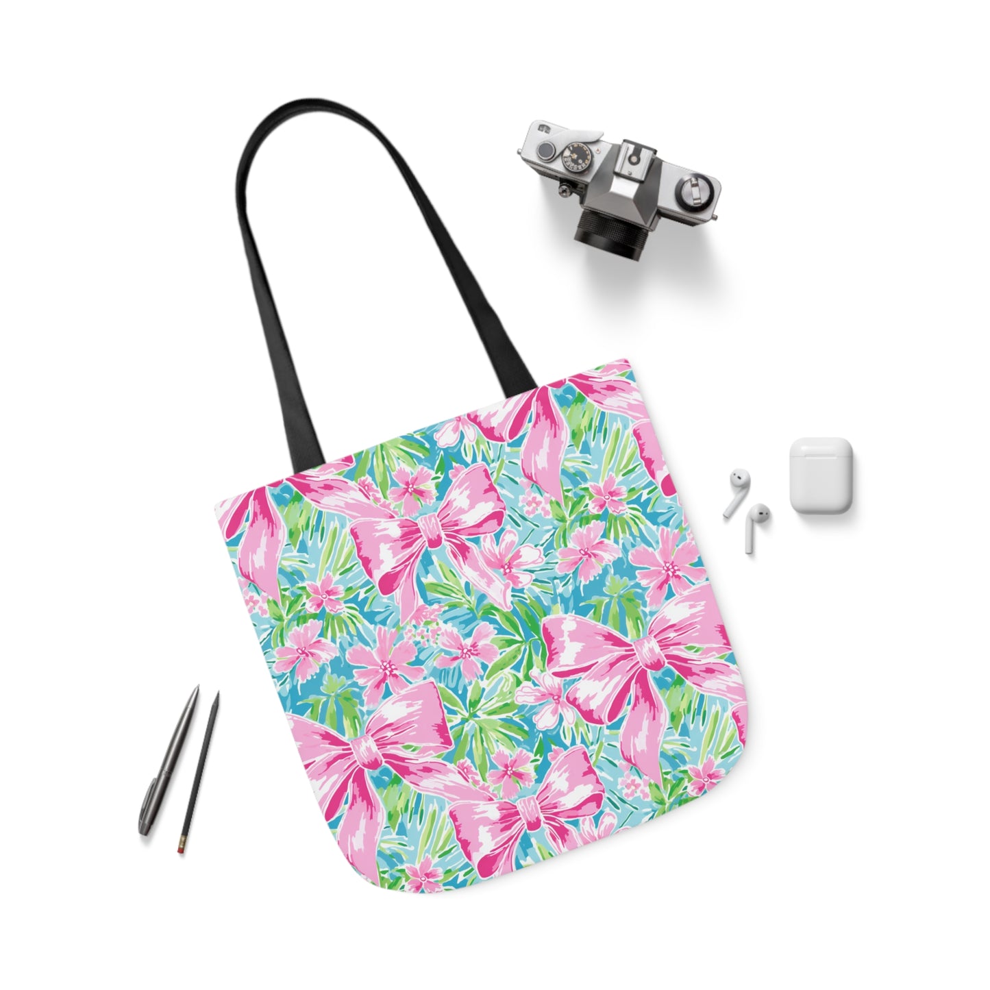 Preppy Pink Bows Bright Floral Canvas Tote Bag, 5-Color Straps