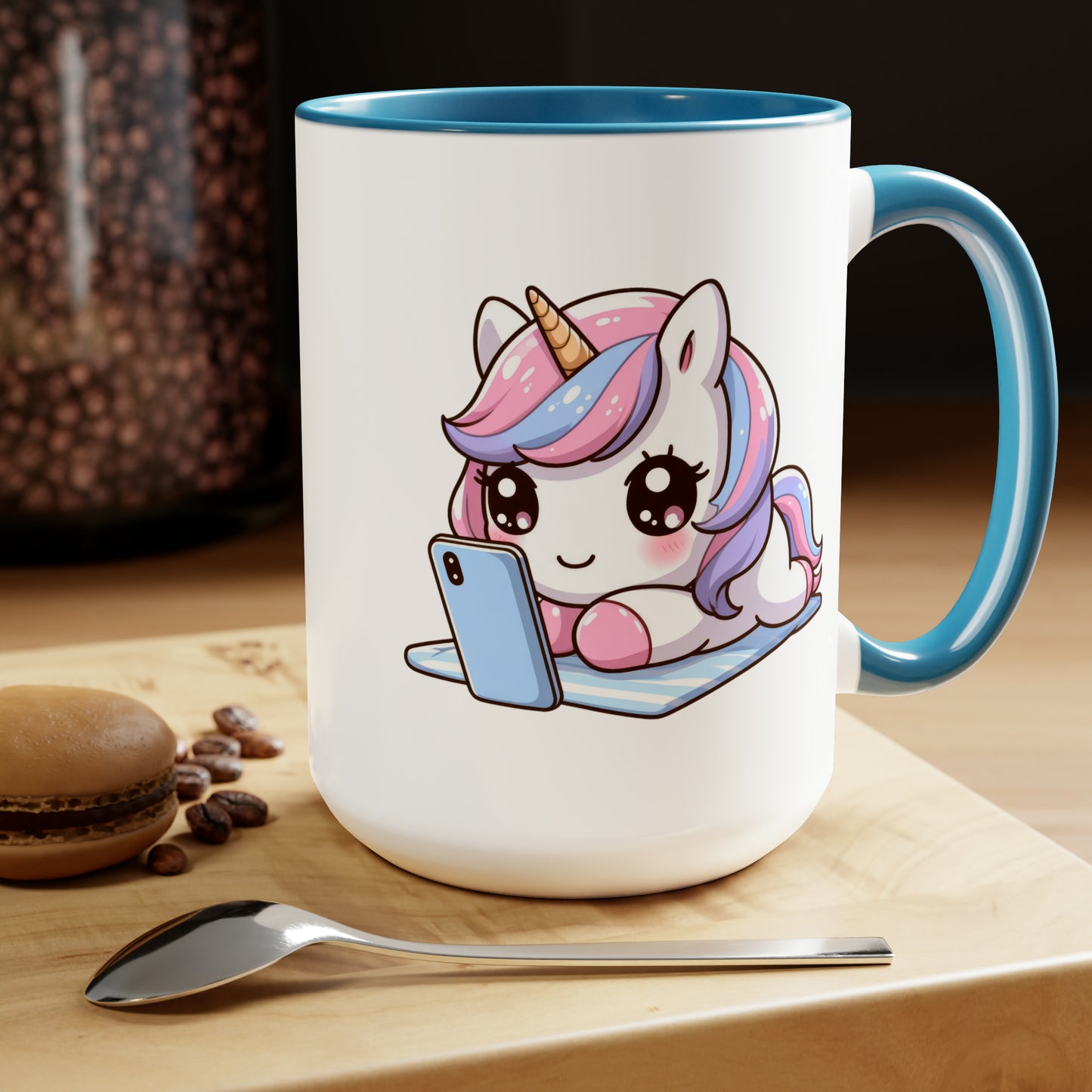 Cute Unicorn with Phone Two-Tone Coffee Mugs, 15oz