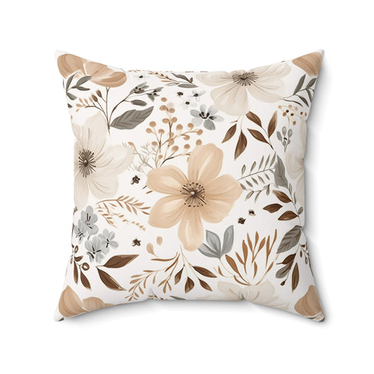 Beige Boho Floral Faux Suede Square Pillow