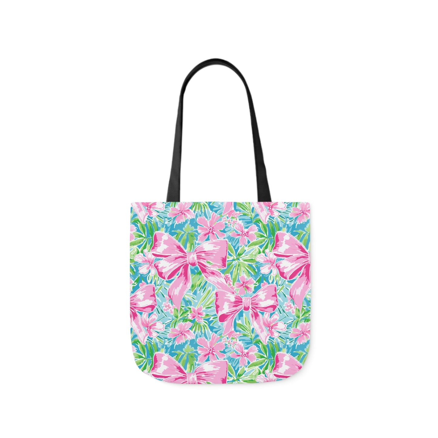 Preppy Pink Bows Bright Floral Canvas Tote Bag, 5-Color Straps