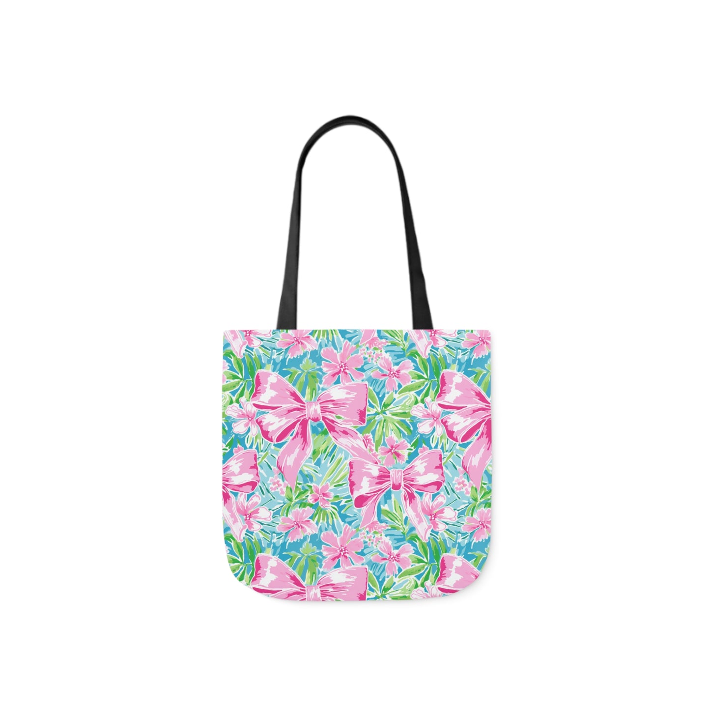 Preppy Pink Bows Bright Floral Canvas Tote Bag, 5-Color Straps