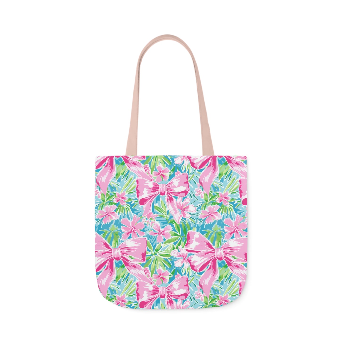 Preppy Pink Bows Bright Floral Canvas Tote Bag, 5-Color Straps