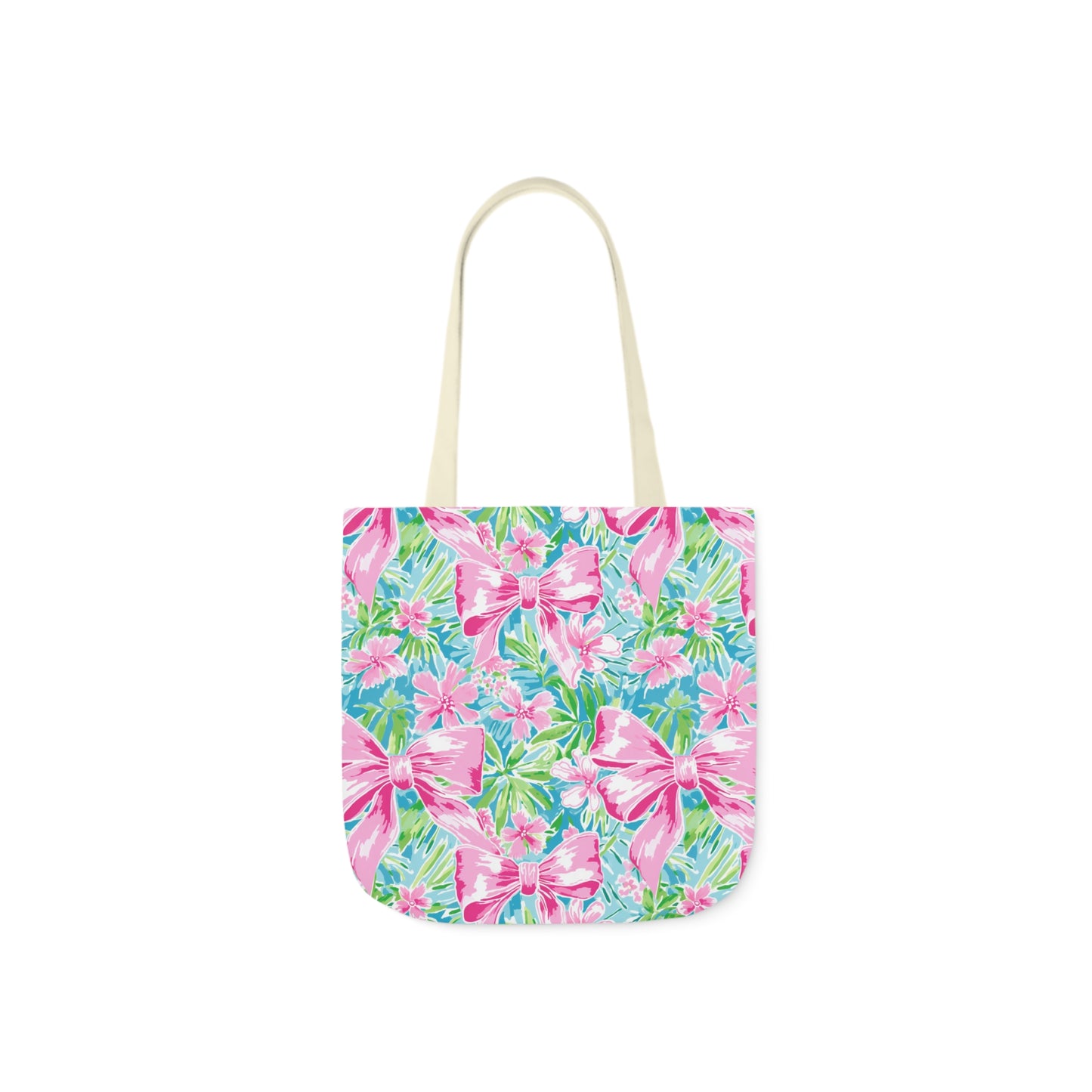 Preppy Pink Bows Bright Floral Canvas Tote Bag, 5-Color Straps