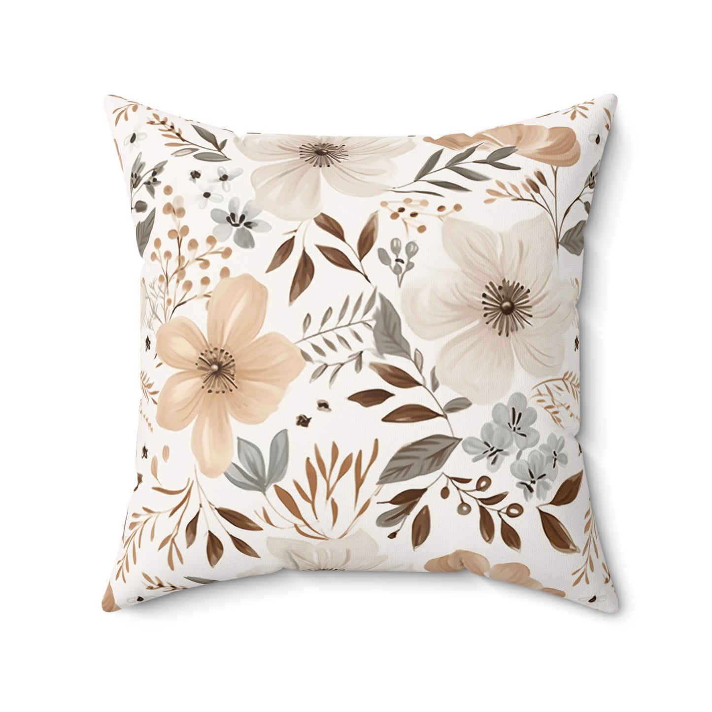 Beige Boho Floral Faux Suede Square Pillow