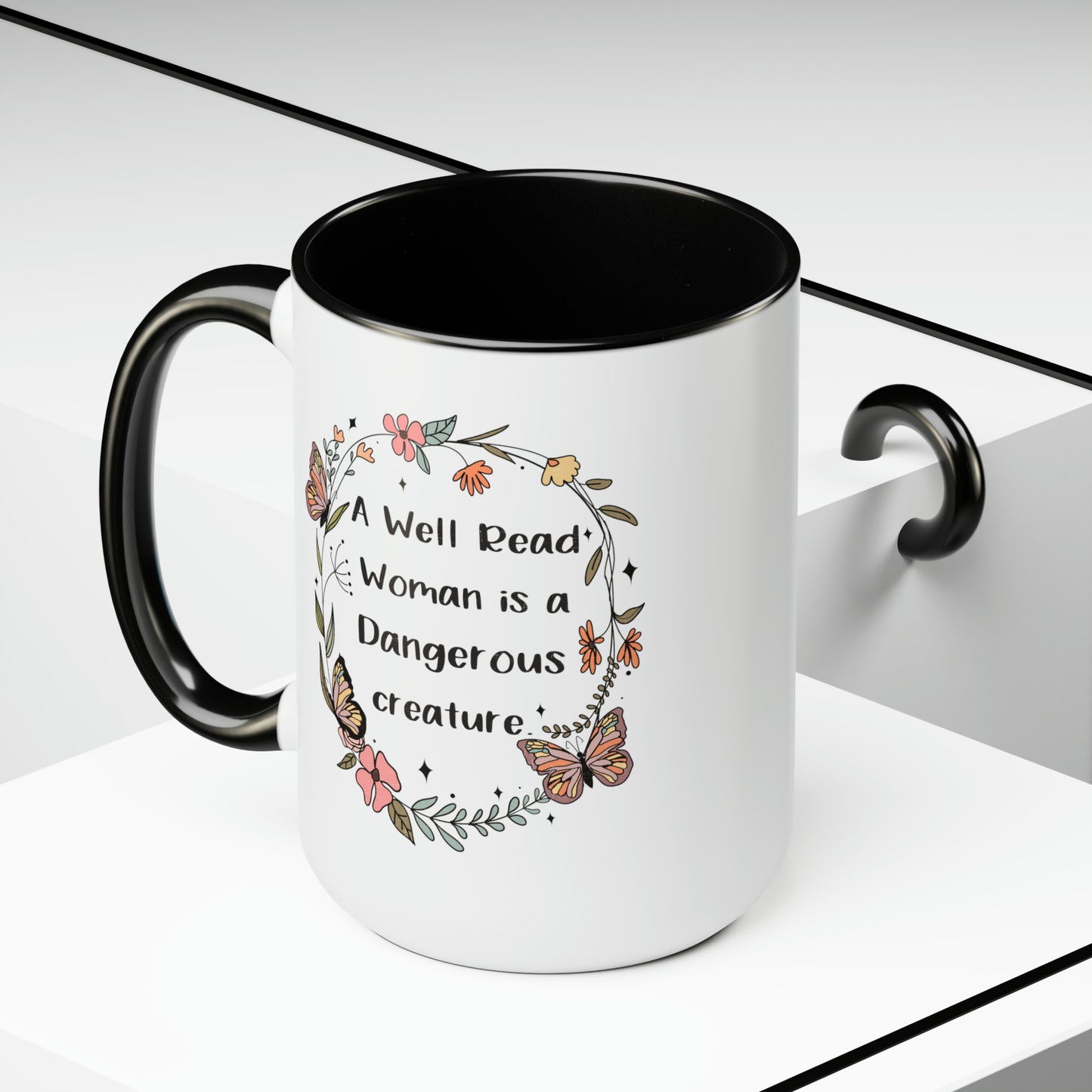 A Well Read Woman is a Dangerous Creature Two-Tone Coffee Mugs, 15oz