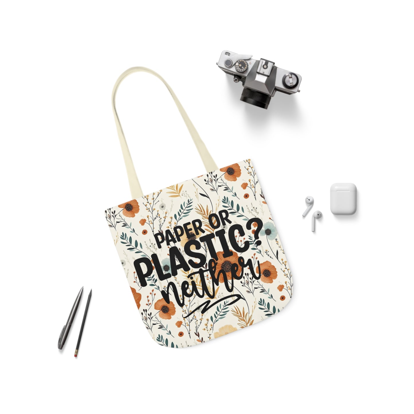 Floral Paper Or Plastic? Canvas Tote Bag, 4-Color Straps