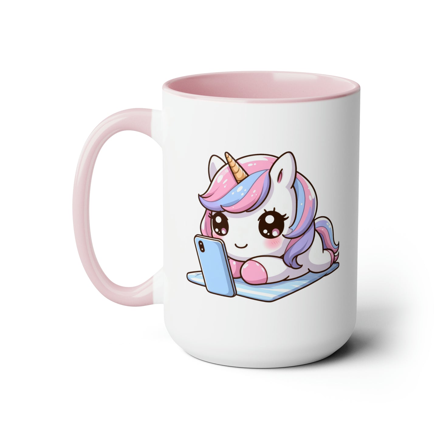 Cute Unicorn with Phone Two-Tone Coffee Mugs, 15oz