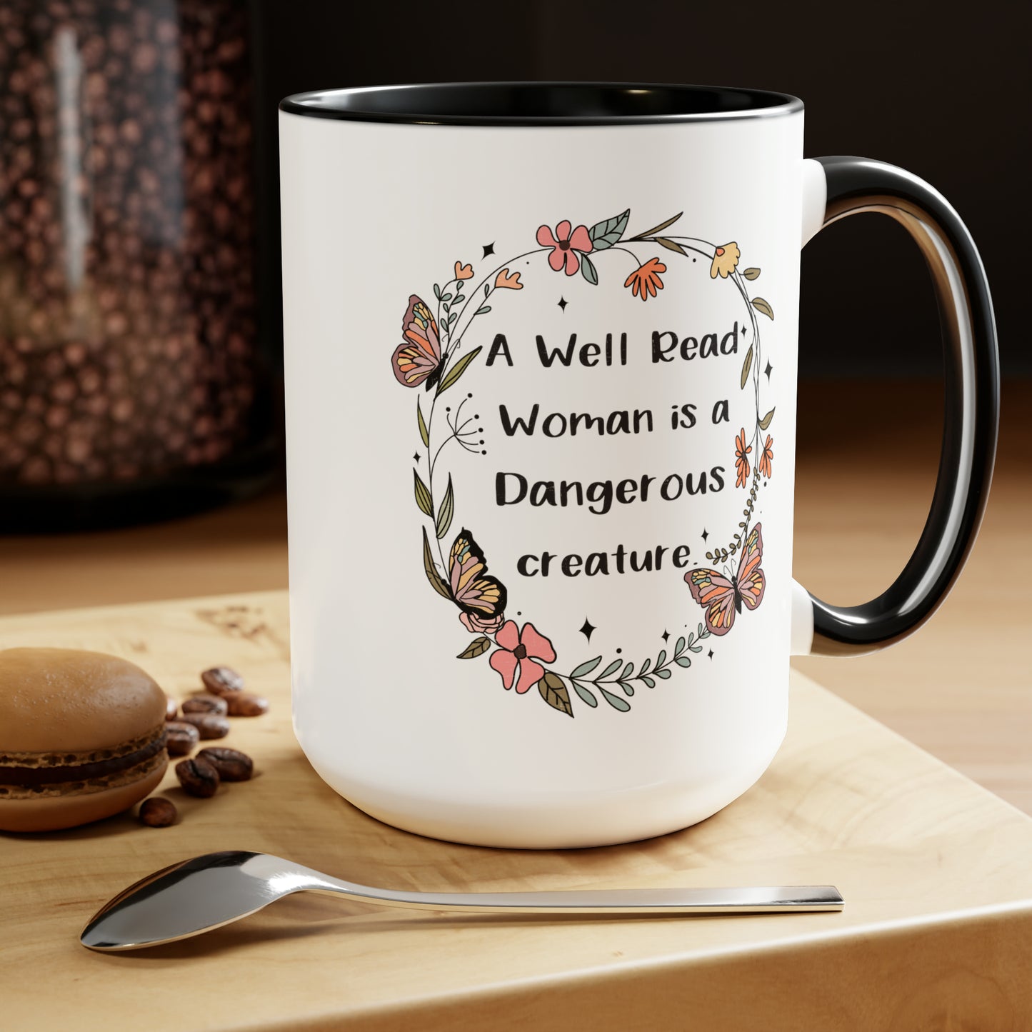 A Well Read Woman is a Dangerous Creature Two-Tone Coffee Mugs, 15oz