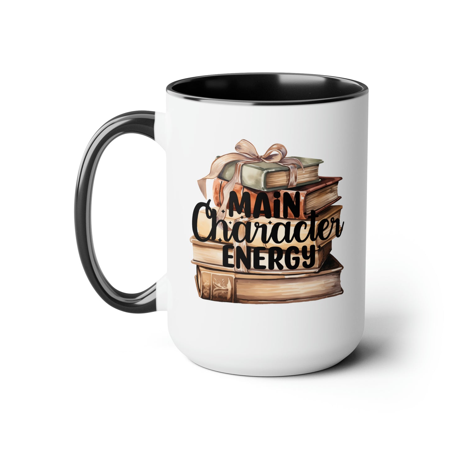 Main Character Energy Book Stack Two-Tone Coffee Mugs, 15oz