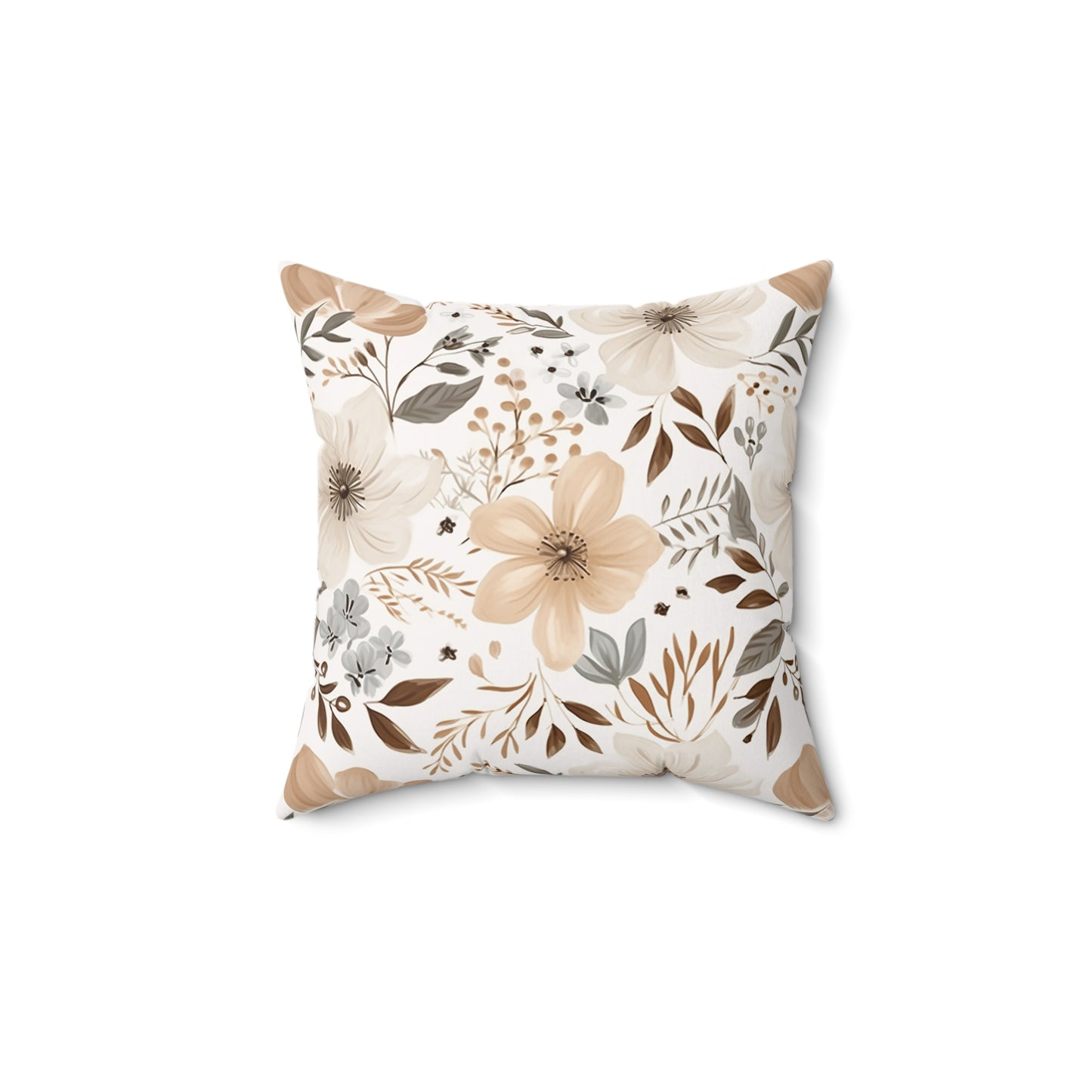 Beige Boho Floral Faux Suede Square Pillow