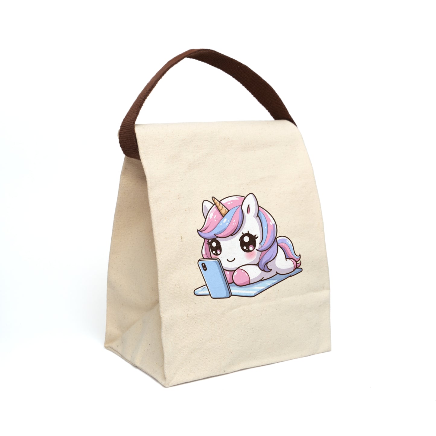 Pink Unicorn With Phone Canvas Lunch Bag With Strap