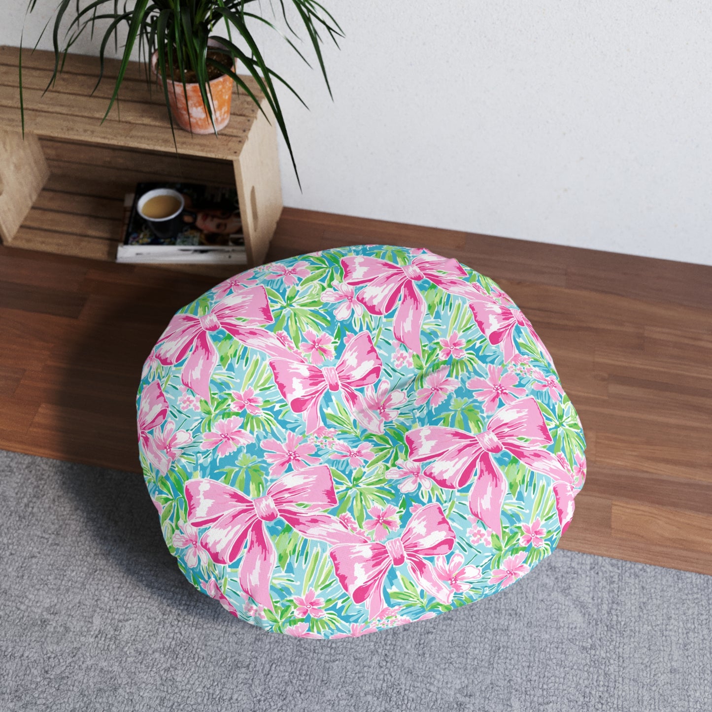 Preppy Pink Bows Bright Floral Tufted Floor Pillow, Round