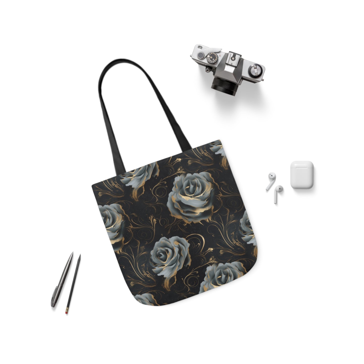 Black Blue Rose Canvas Tote Bag, 4-Color Straps