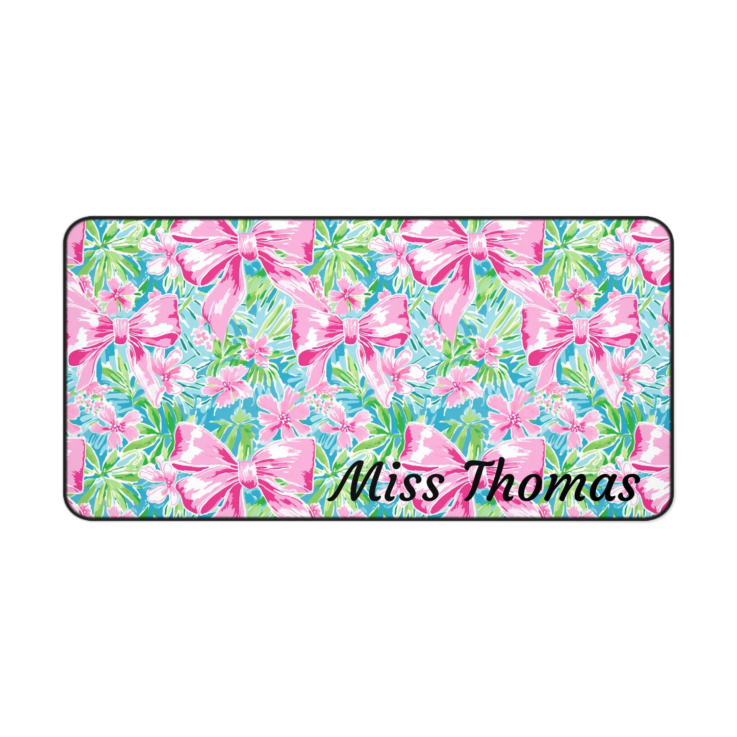 Personalized Preppy Pink Bows Bright Floral Desk Mat