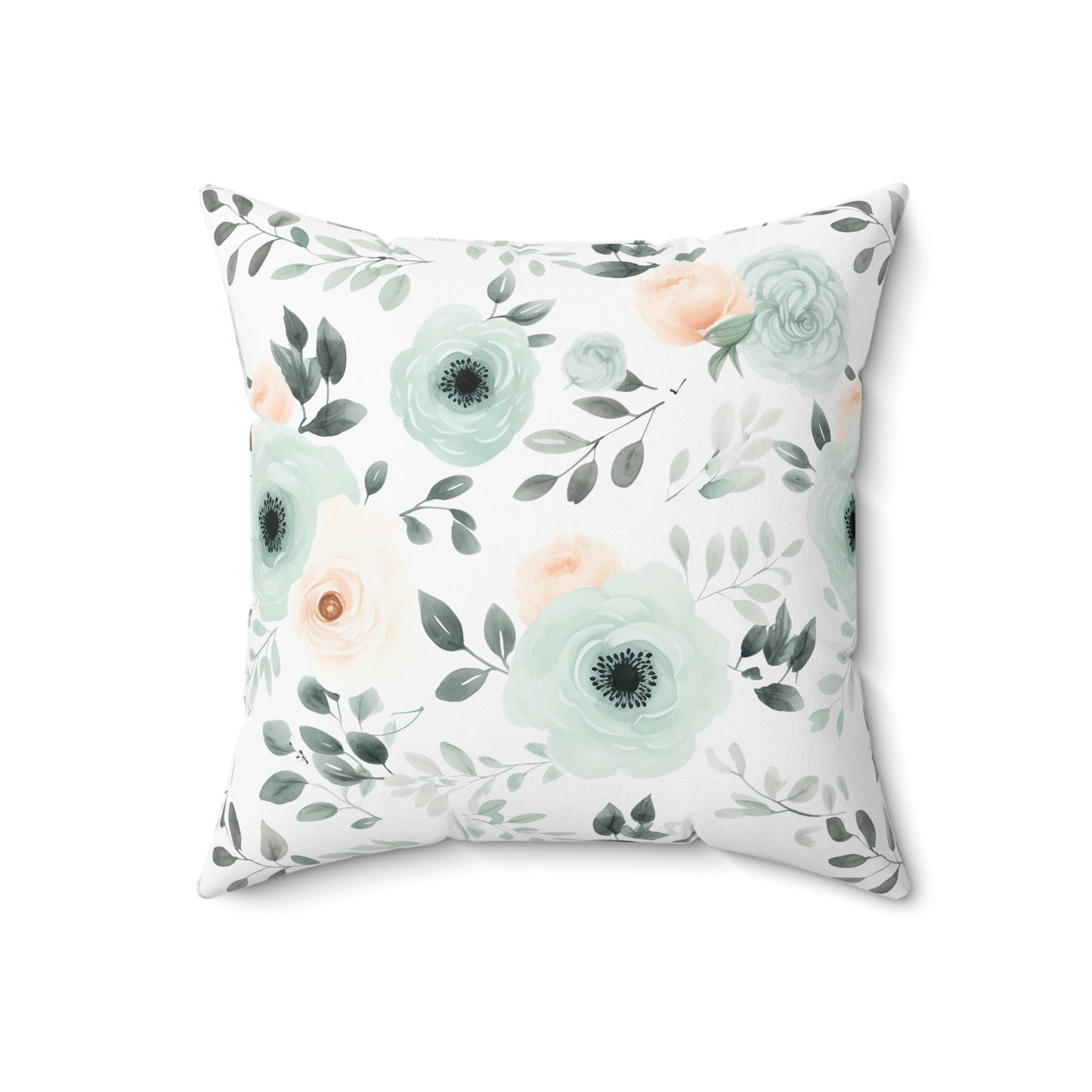 Mint Floral Faux Suede Square Pillow